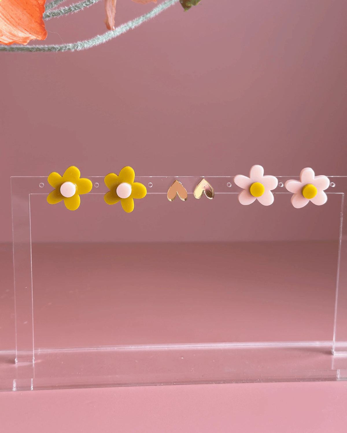 Flower & Heart Stud Trio Pack by Foxie Collective in Mustard + Pale Pink 🩷