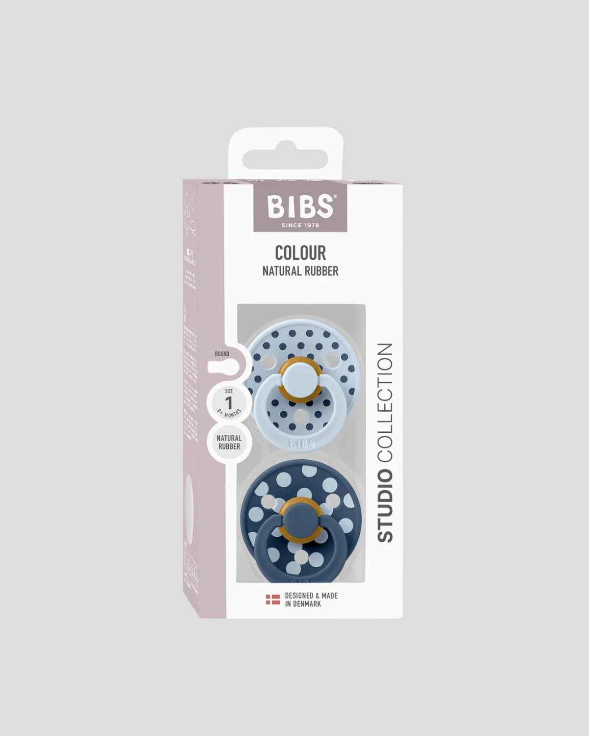 BIBS Dummies ❘ Studio Polka Baby Blue/Steel - Round, Latex (2pk)