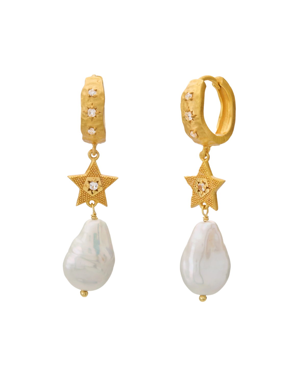 Cosmic Love Long Star Gold Earring With Pearl by Murkani