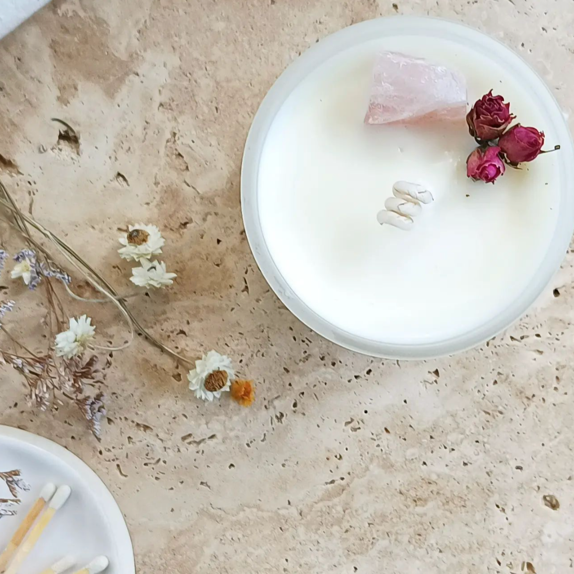 Crystal Candle - Rose Quartz Peony Blossom (Love + Harmony)