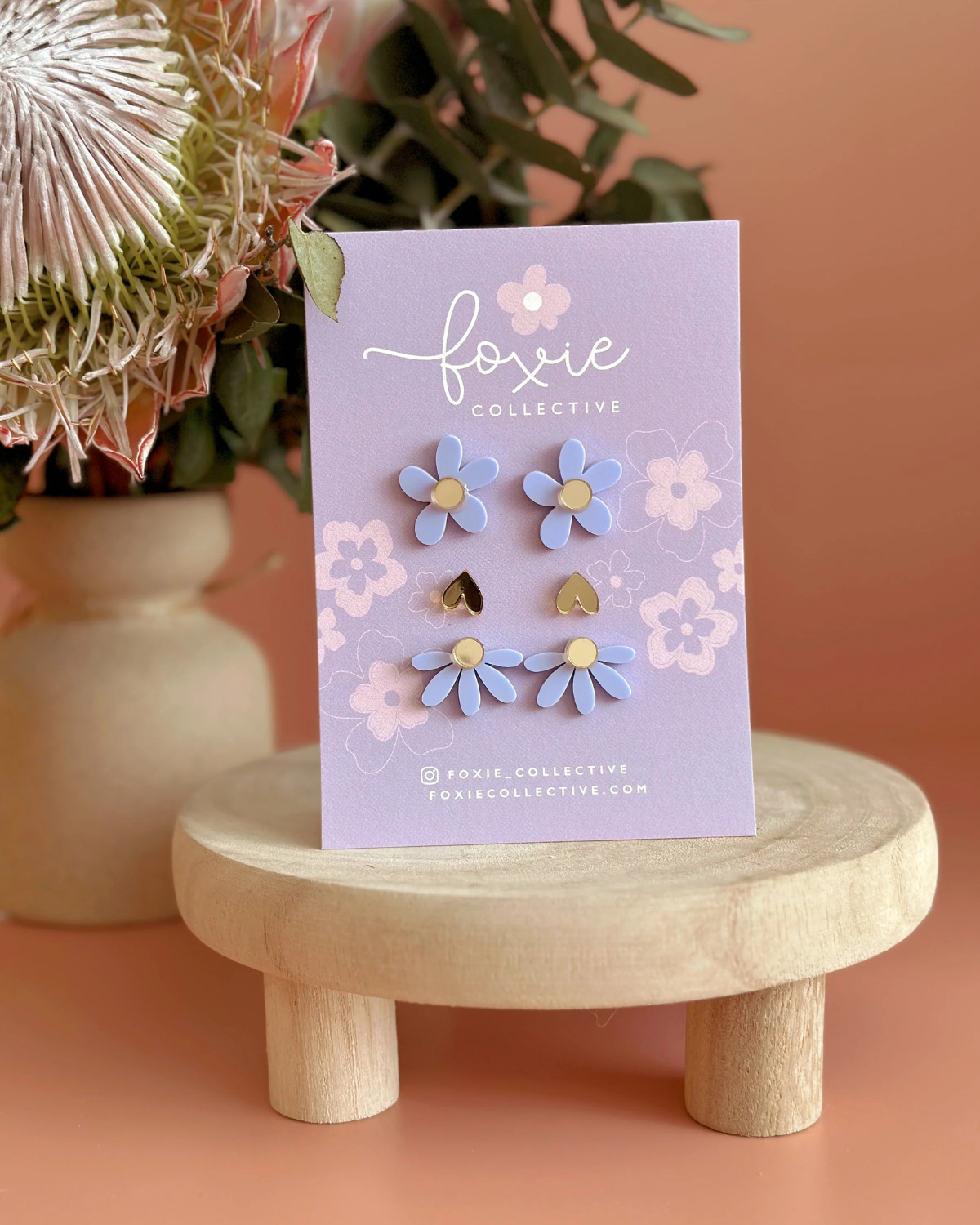 Flower & Heart Stud Trio Pack by Foxie Collective in Periwinkle + Gold 💜