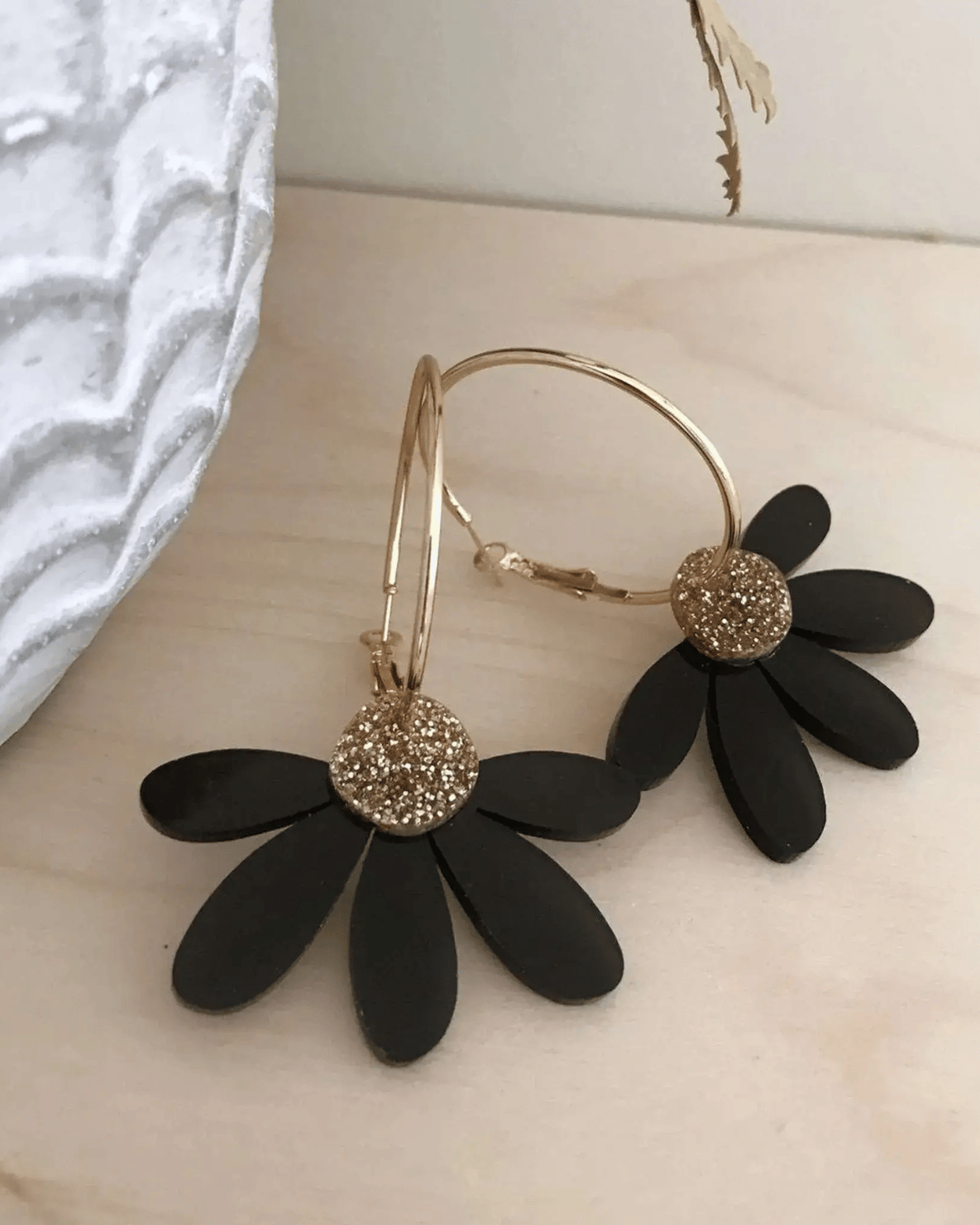 Jumbo Daisy Hoop Earrings in Black & Gold Glitter by Foxie Collective