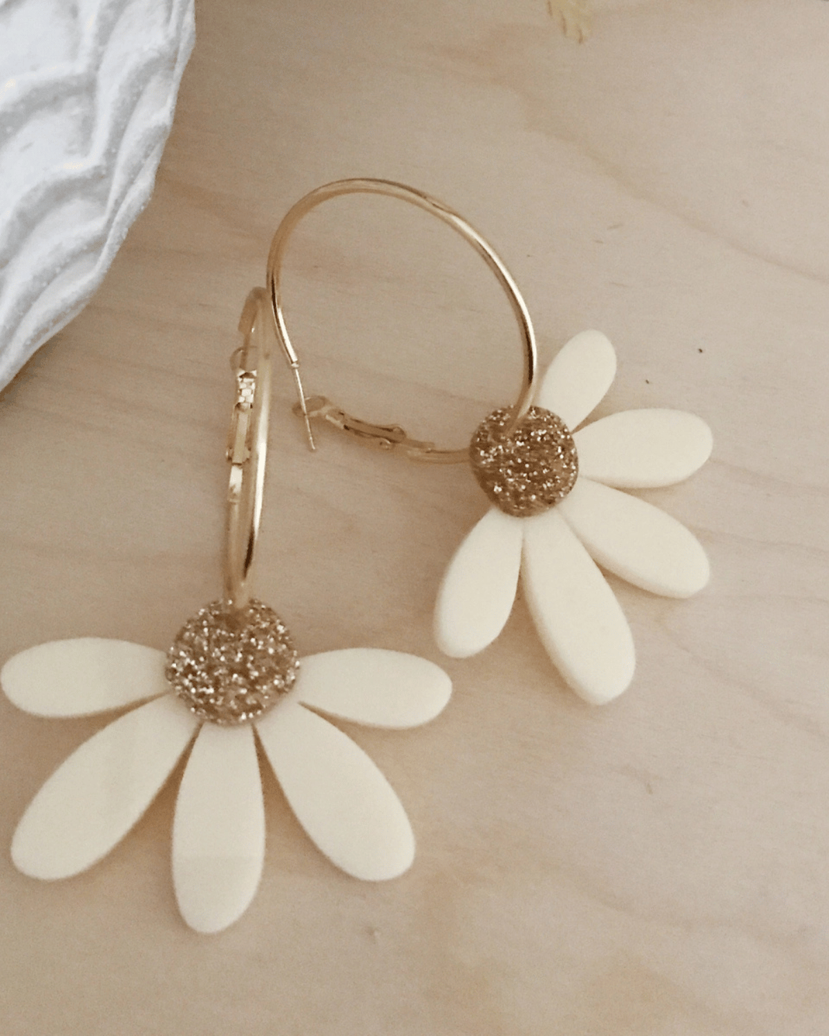 Jumbo Daisy Hoop Earrings in Cream & Gold Glitter by Foxie Collective