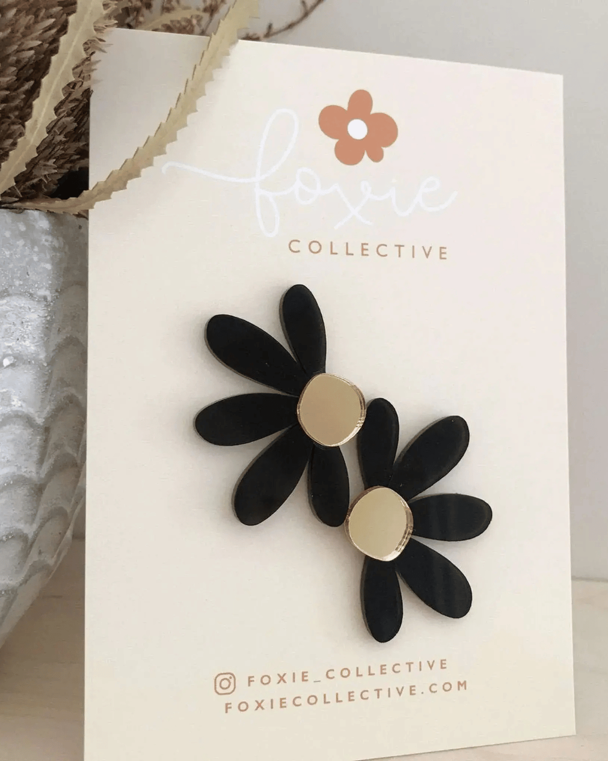 Jumbo Daisy & Stud Earrings in Black & Gold by Foxie Collective