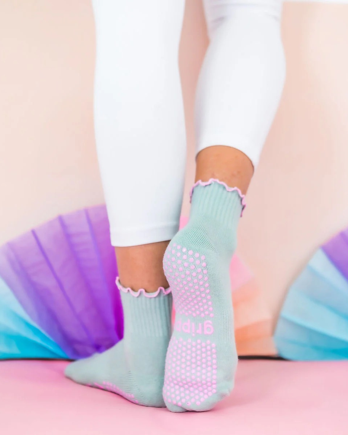 Sage + Pink Ankle Frilly Pilates Grippy Socks