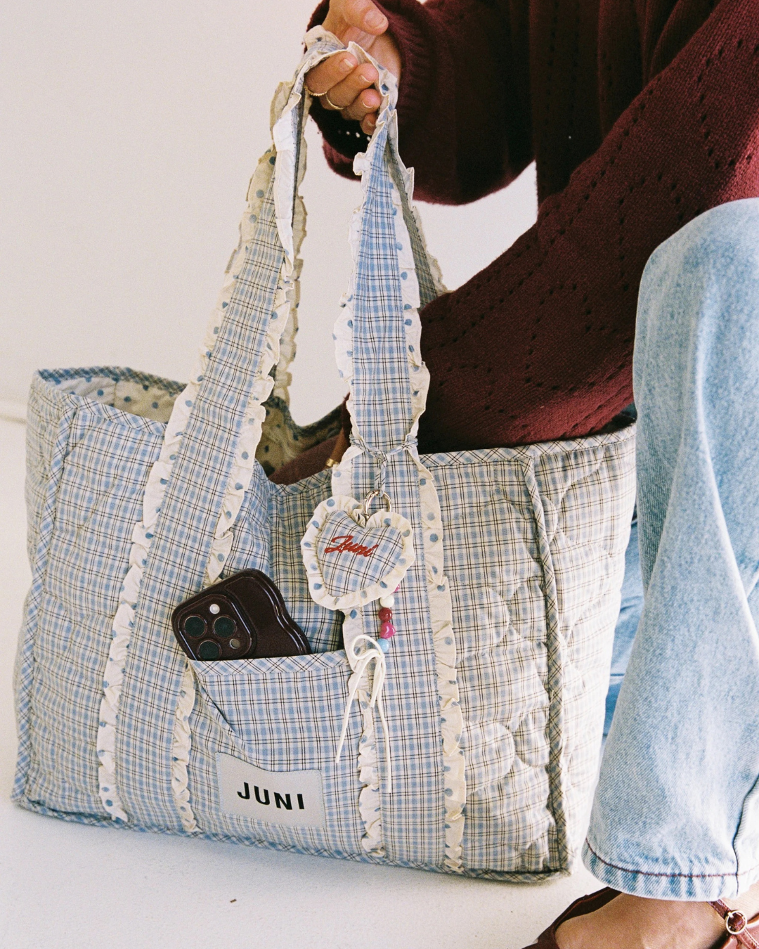 Heart Bag Charm - Blue Check by Juni