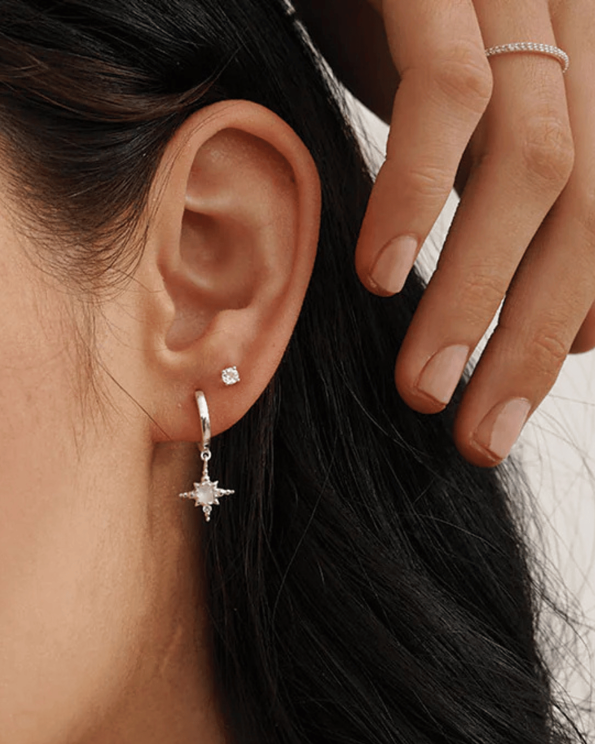 Moonstone Huggies With Hanging Star (Silver) by Murkani