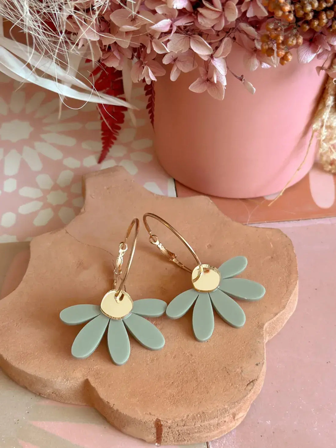 Jumbo Daisy Hoop Earrings - Sage &amp; Gold - Foxie Collective Statement Earrings
