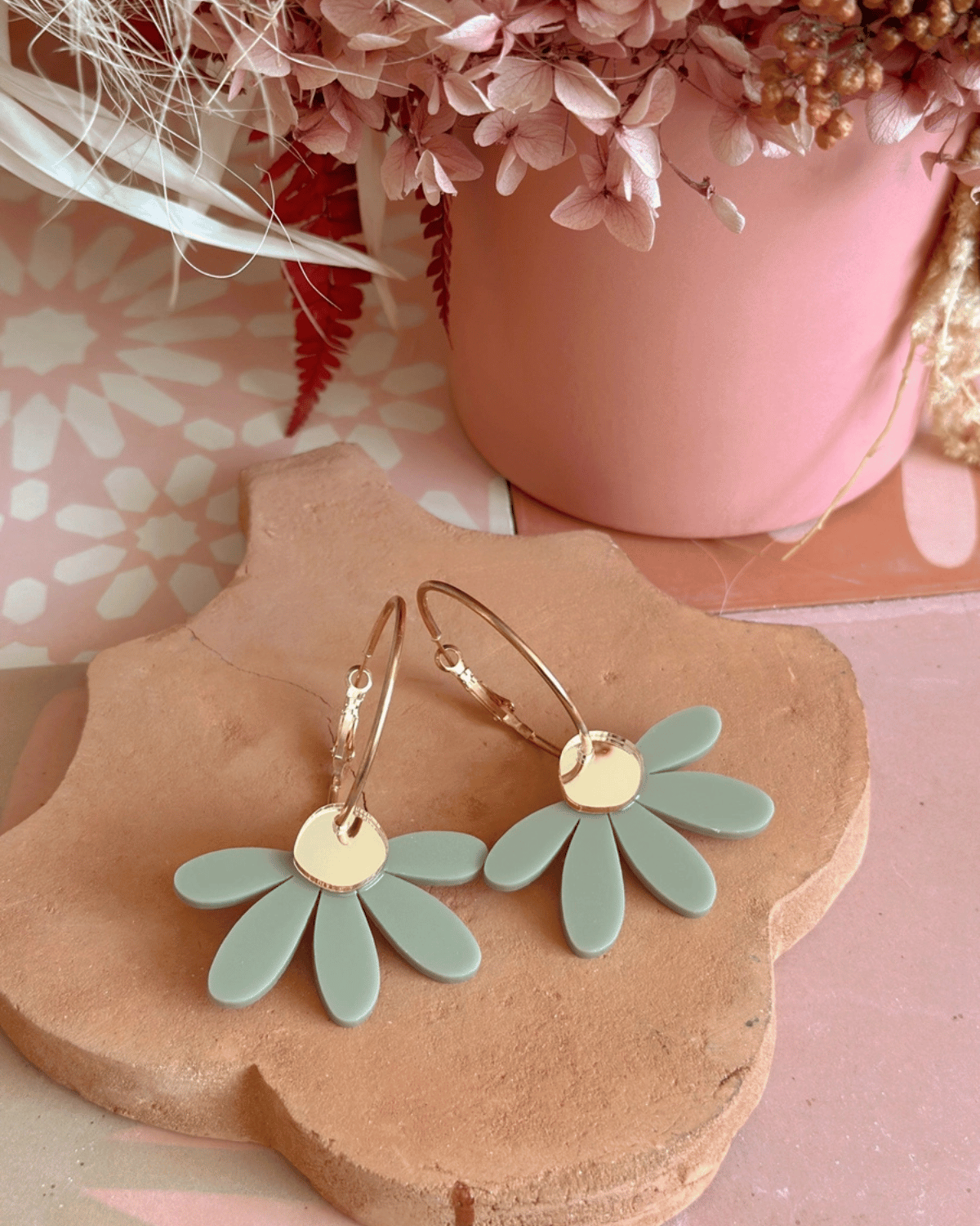 Jumbo Daisy Hoop Earrings in Sage & Gold by Foxie Collective