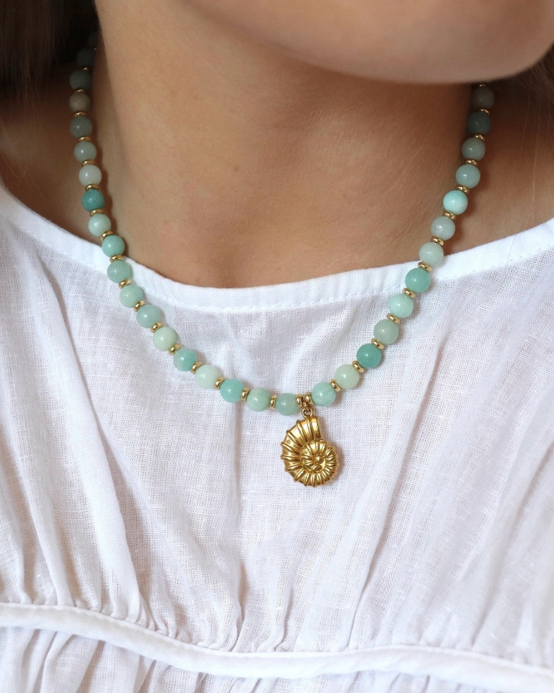 Luna.Foundling Marine Amazonite Shell Beaded Necklace with Charm