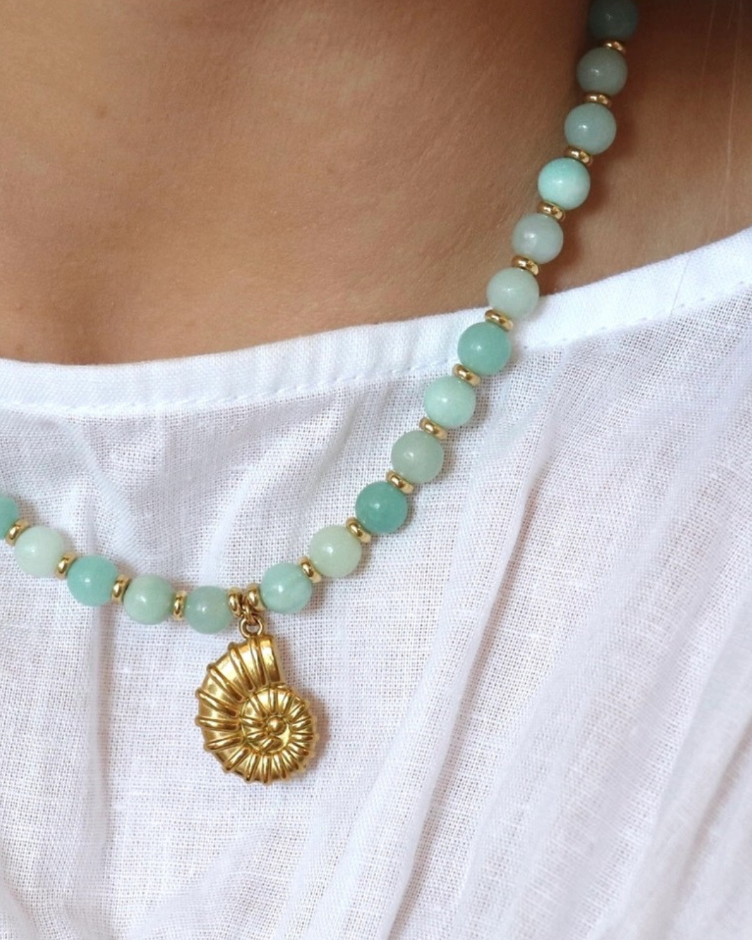 Luna.Foundling Marine Amazonite Shell Beaded Necklace with Charm