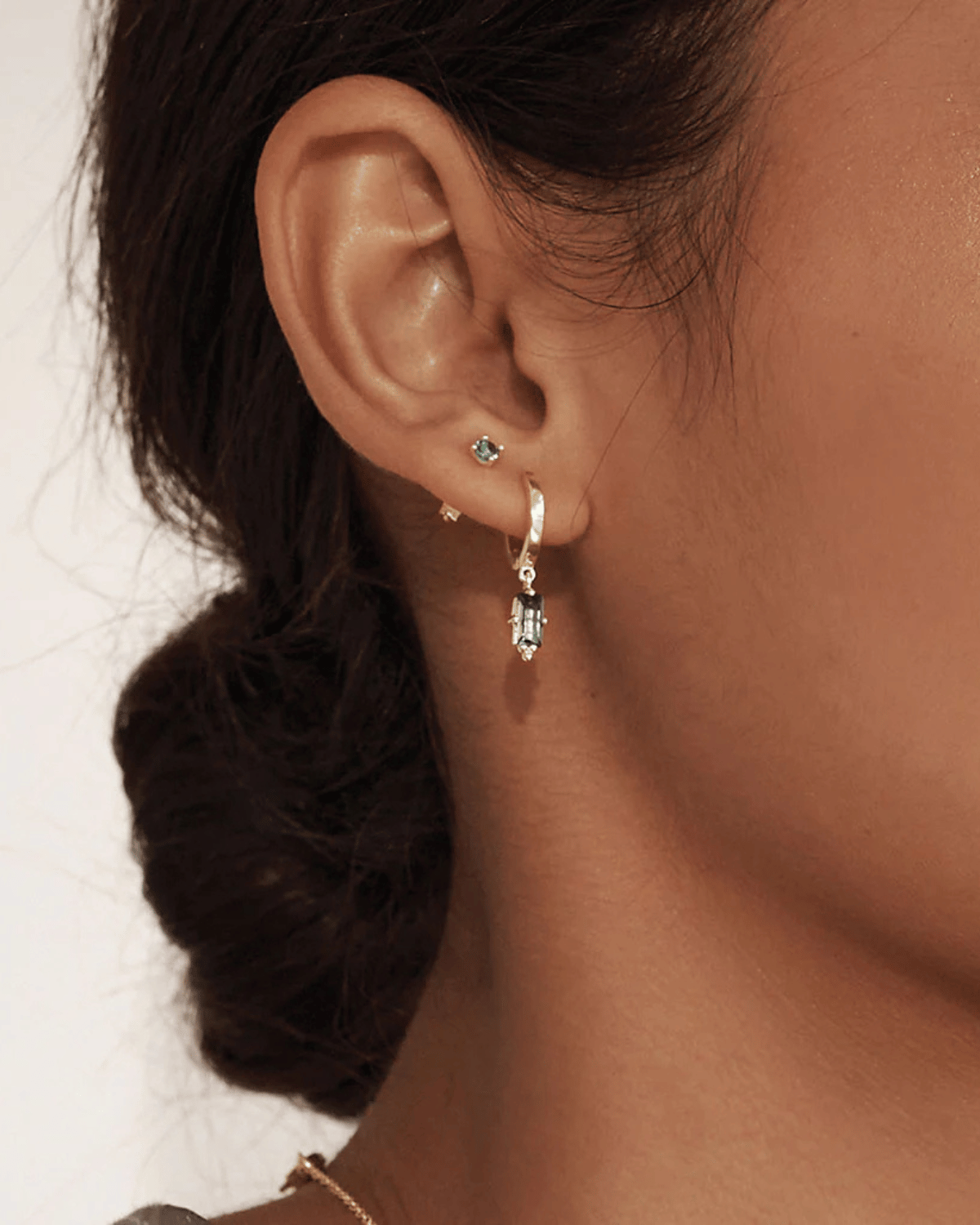 Gold Huggies with Hanging Green Quartz Baguette by Murkani