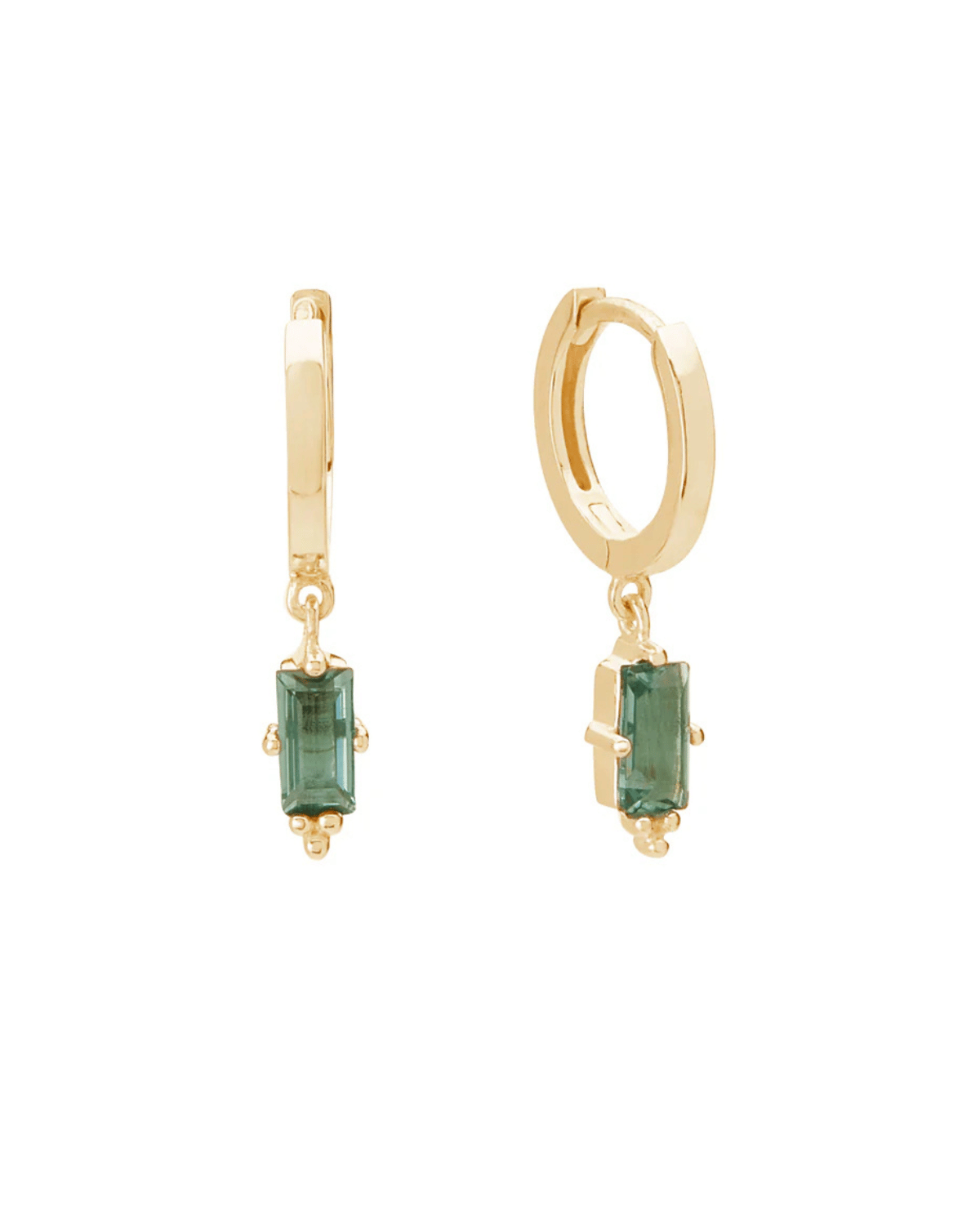 Gold Huggies with Hanging Green Quartz Baguette by Murkani
