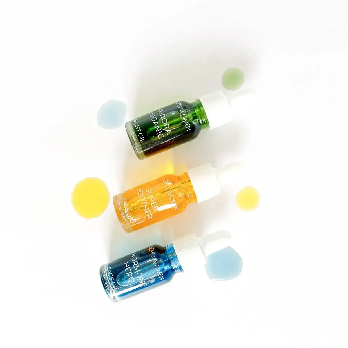 3 mini versions of our Bopo Women Face Oils - Aurora Night Face Oil, Hormone Hero Face Oil, Super Soother Face Oil.