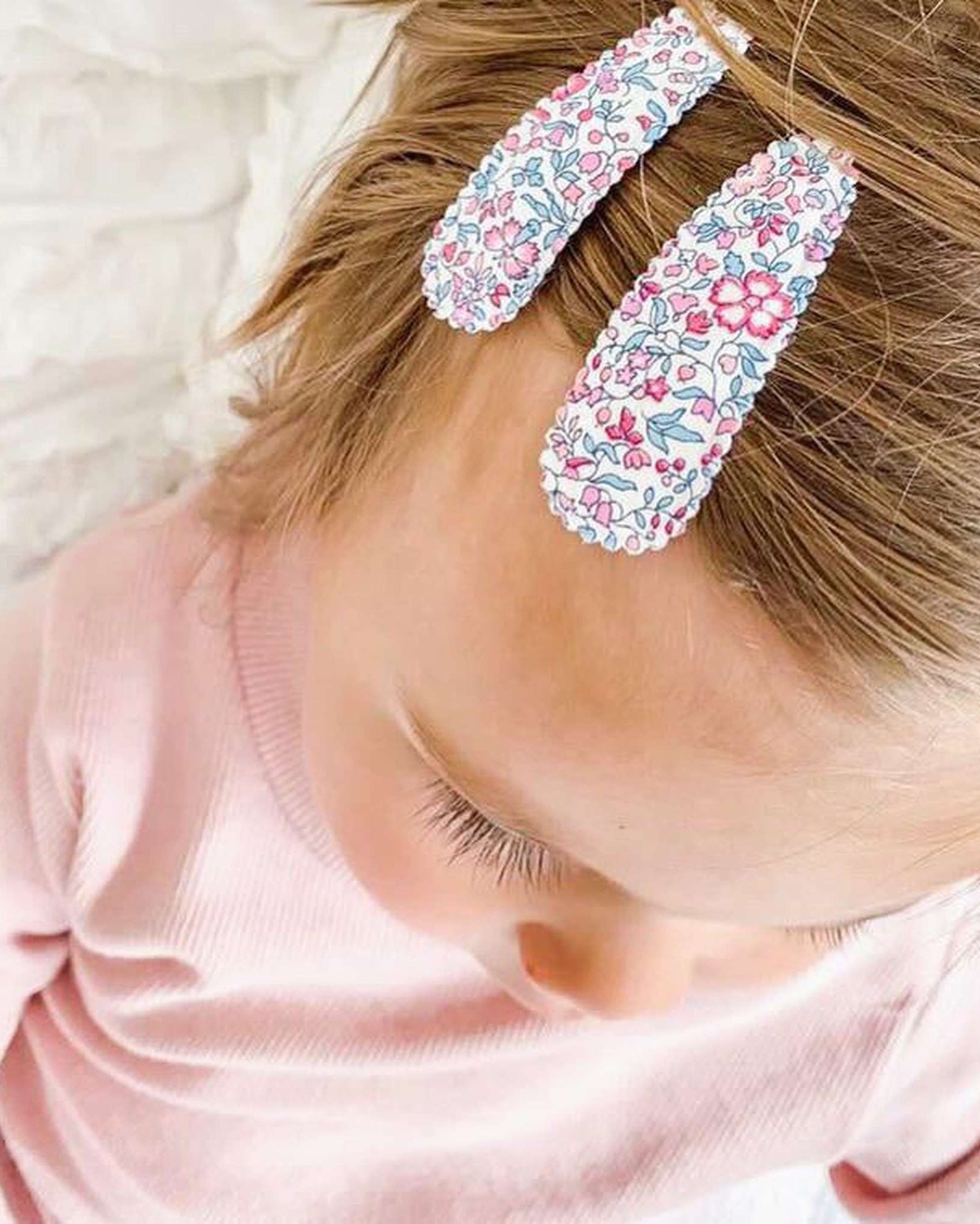 pretty pink and blue floral fabric kids hair clips
