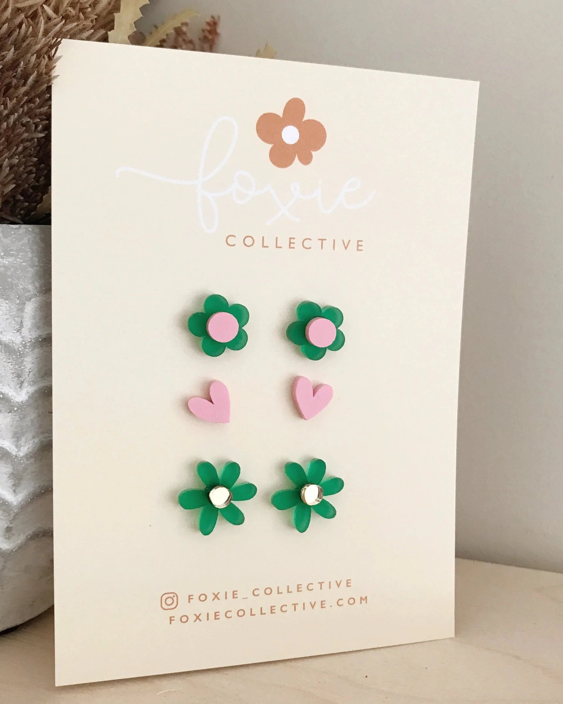 Flower & Heart Stud Trio Pack by Foxie Collective in Pink & Green
