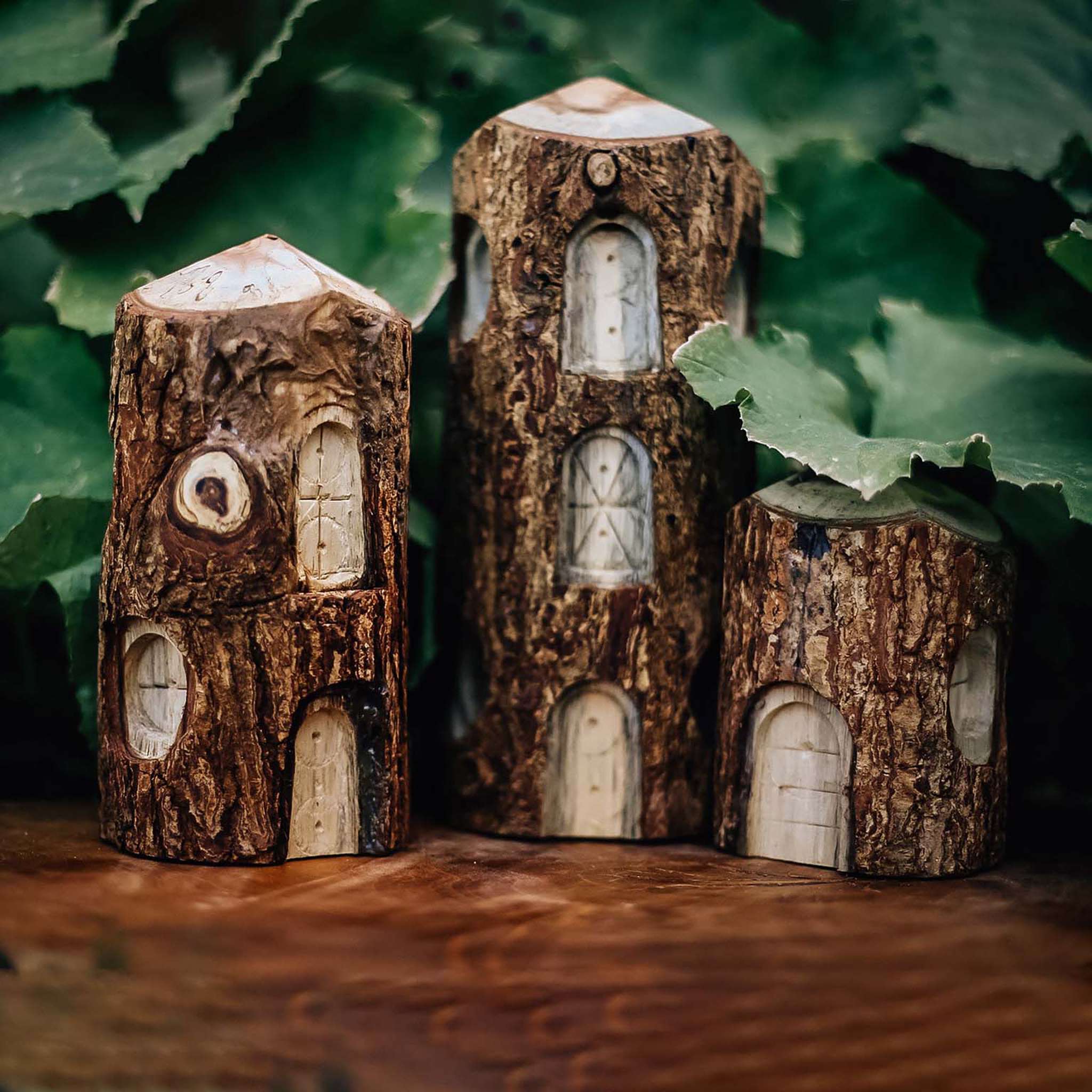 Qtoys bark edge fairy tree houses with hand carved windows and doors