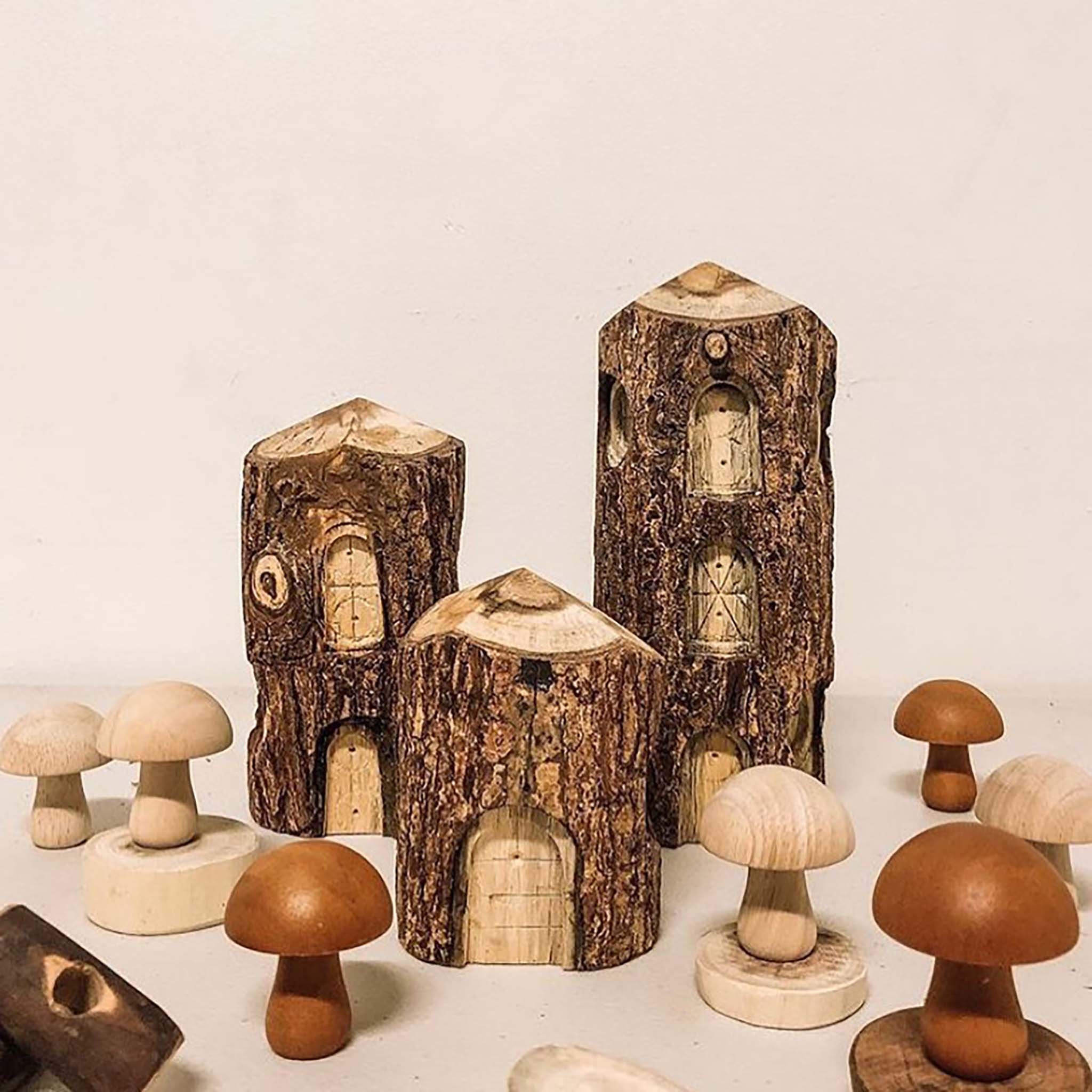 Qtoys bark edge fairy tree houses with hand carved windows and doors