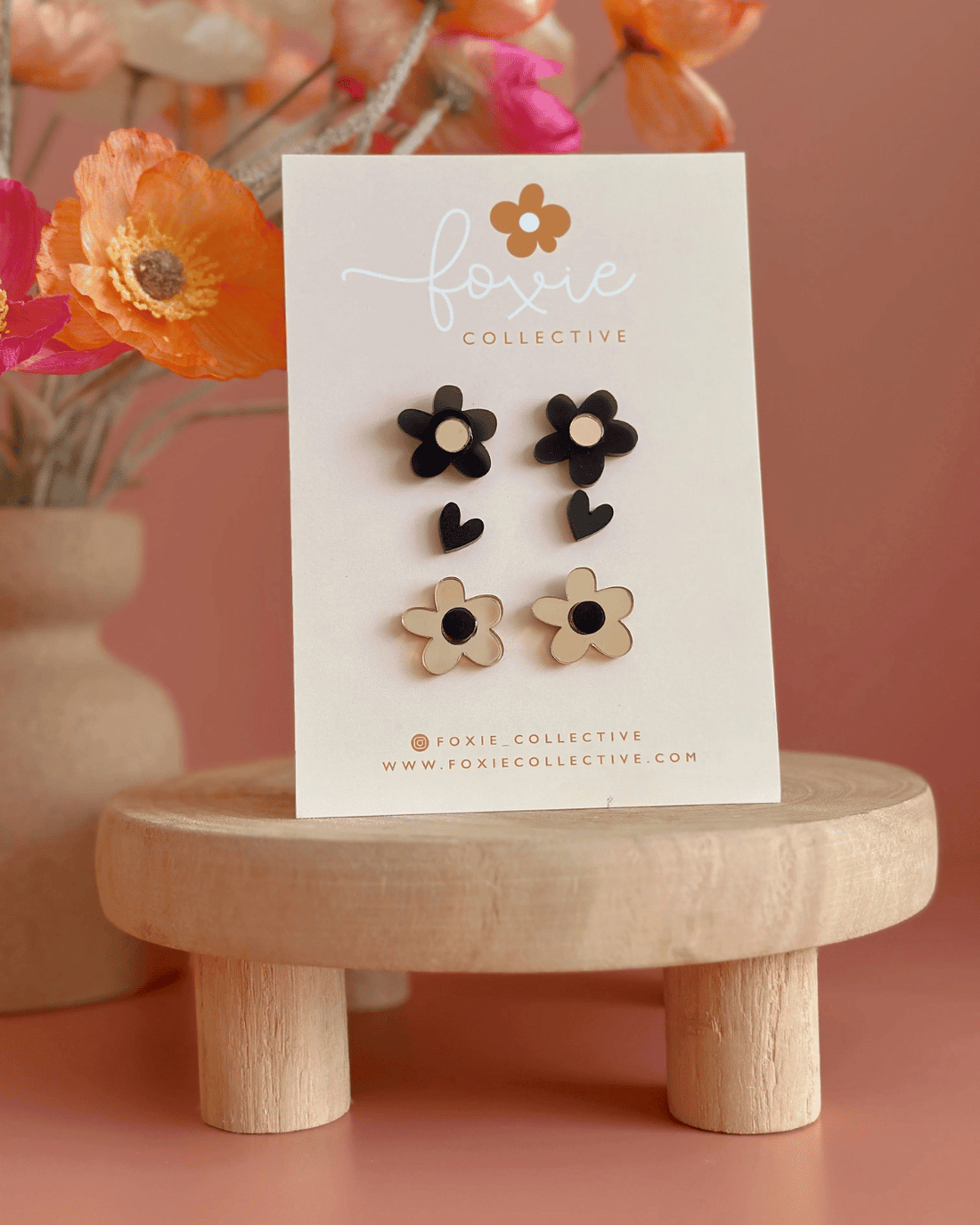 Flower &amp;amp; Heart Stud Trio Pack by Foxie Collective in Black + Gold