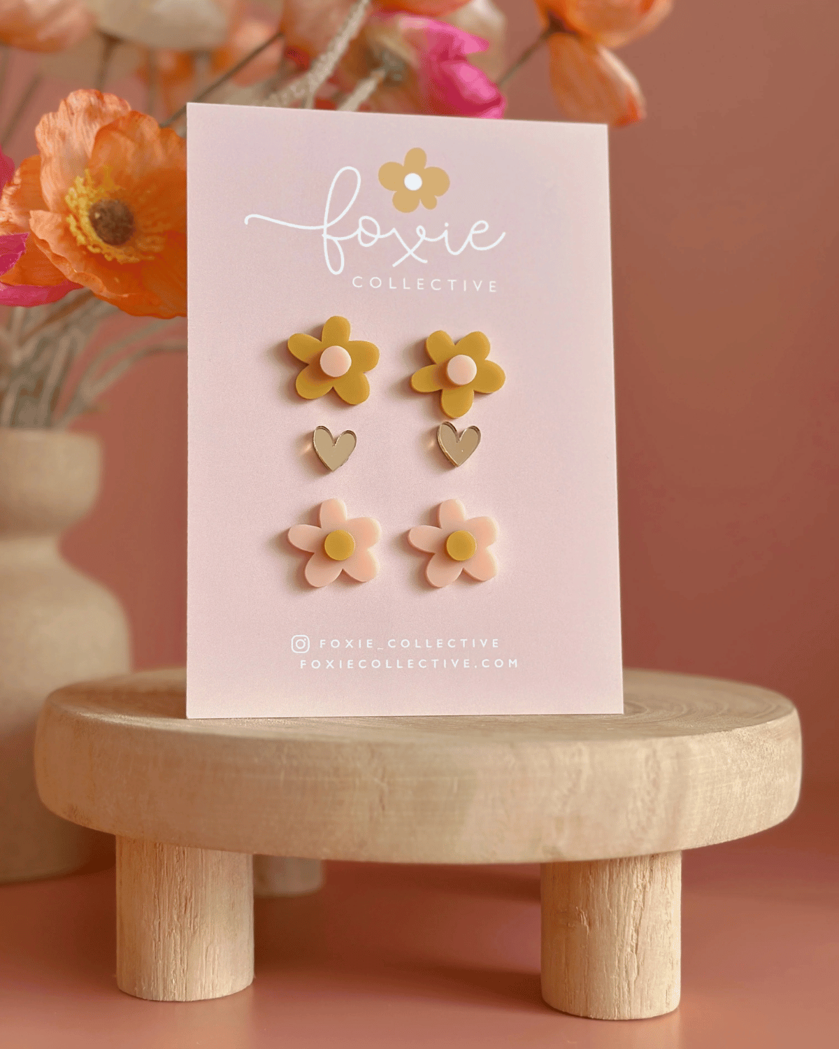 Flower &amp;amp; Heart Stud Trio Pack by Foxie Collective in Mustard + Pale Pink 🩷