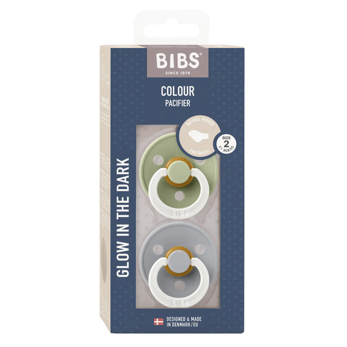 BIBS Dummies (Size 1) Anatomical Colour GLOW Sage/Cloud (2pk) Polly