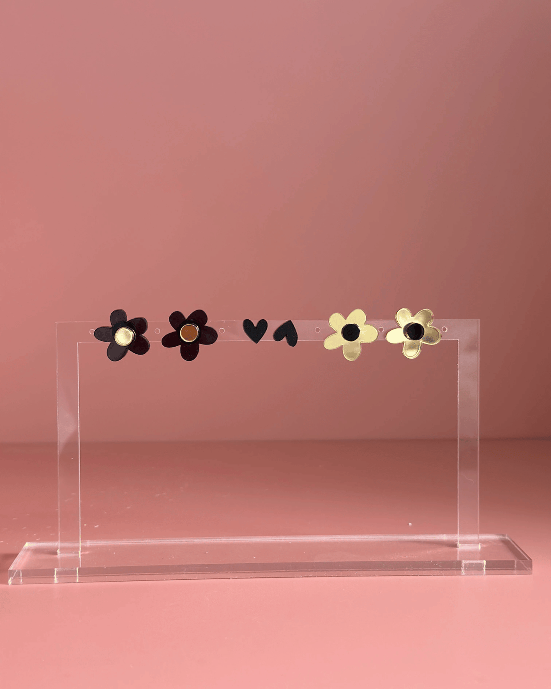 Flower &amp; Heart Stud Trio Pack by Foxie Collective in Black + Gold
