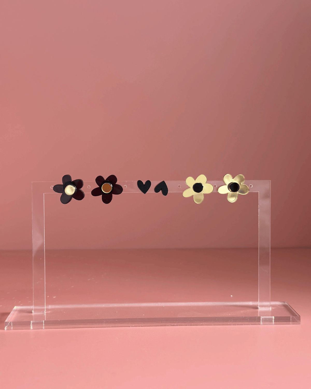 Flower &amp; Heart Stud Trio Pack by Foxie Collective in Black + Gold