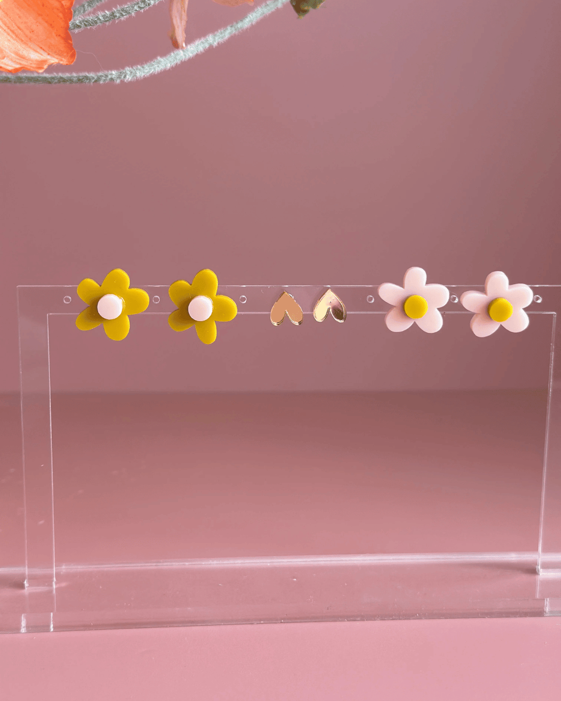 Flower &amp;amp; Heart Stud Trio Pack by Foxie Collective in Mustard + Pale Pink 🩷
