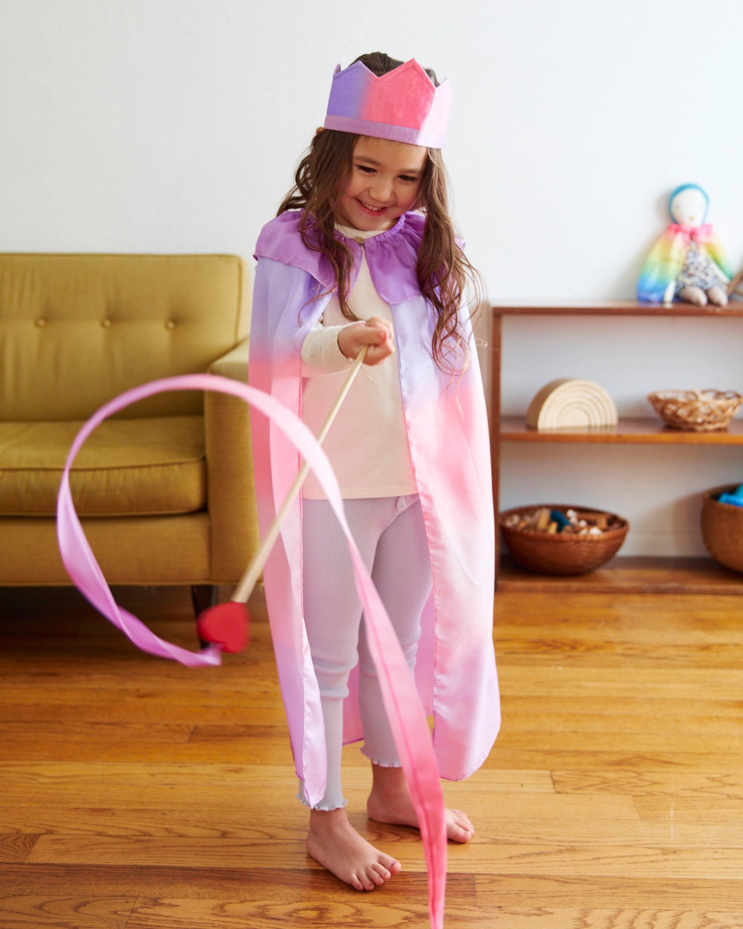 Pink &amp; Purple Silk &amp; Wood Streamer - Wand For Pretend Play