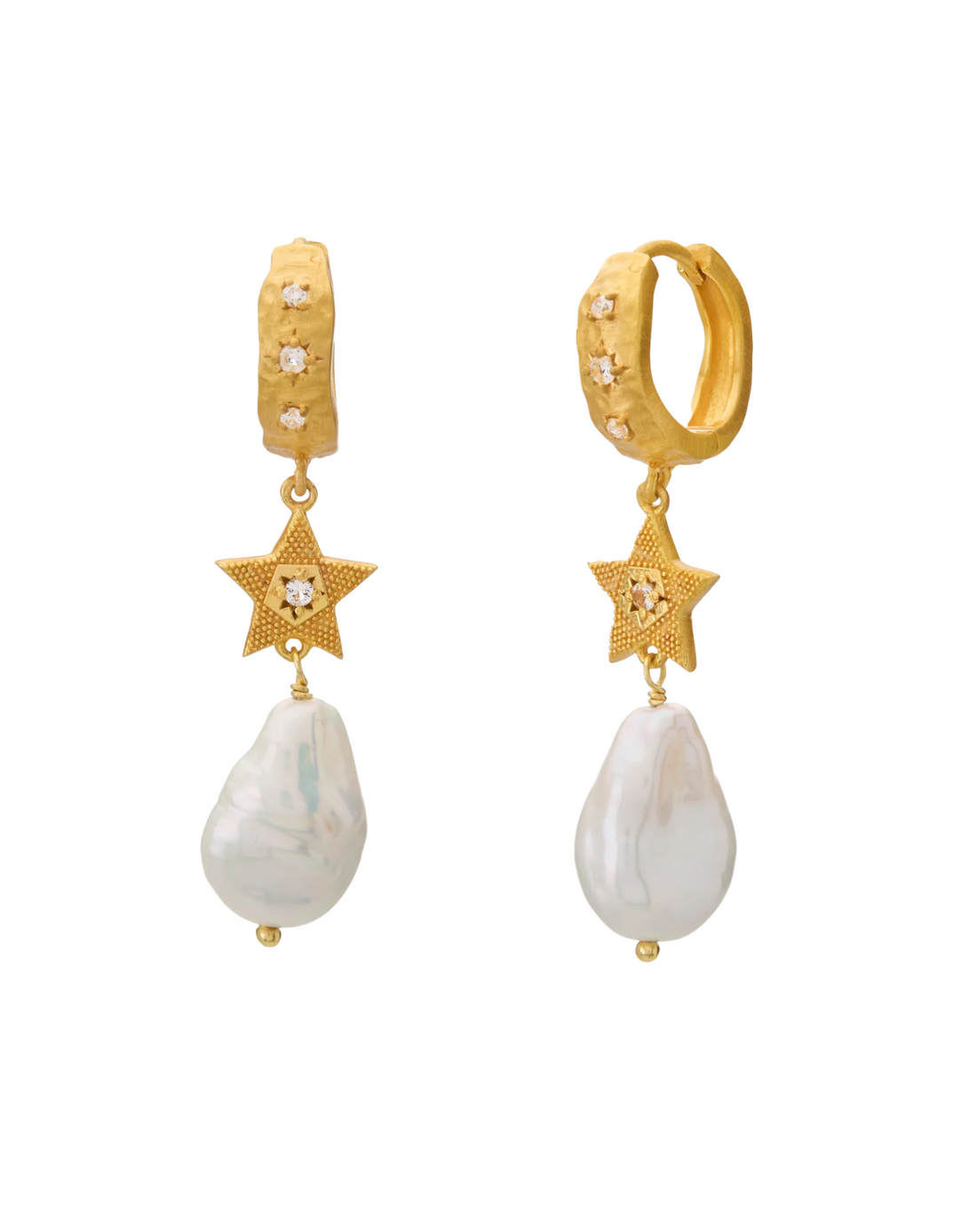 Cosmic Love Long Star Gold Earring With Pearl by Murkani