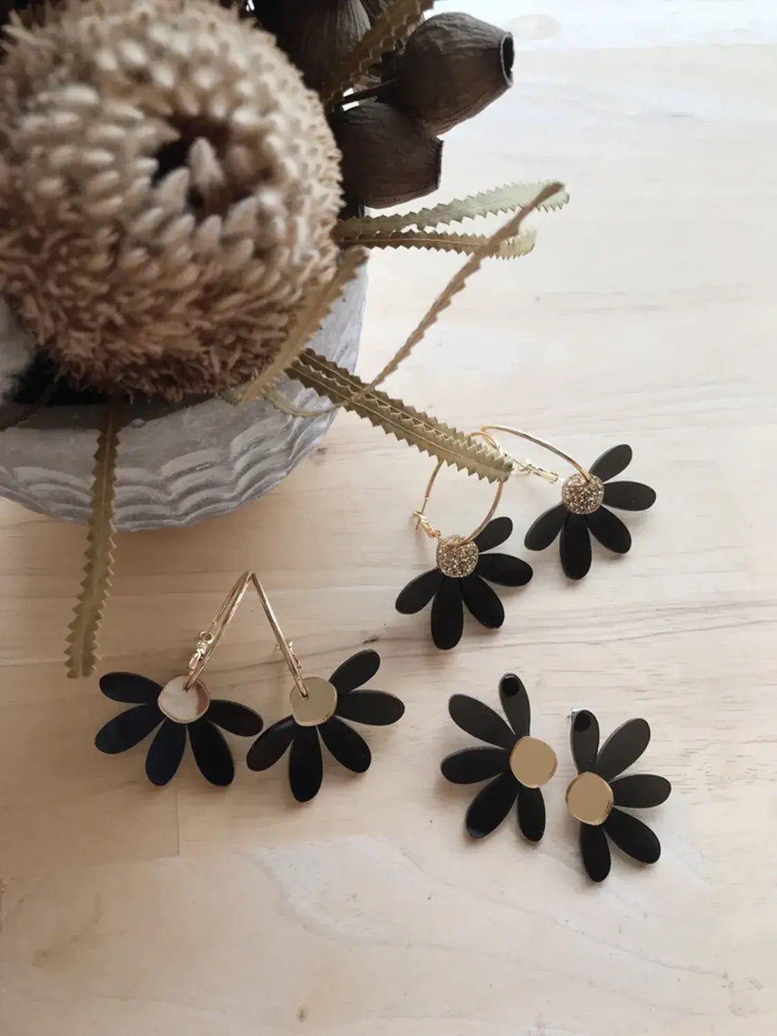 Jumbo Daisy Hoop Earrings in Black &amp; Gold by Foxie Collective.