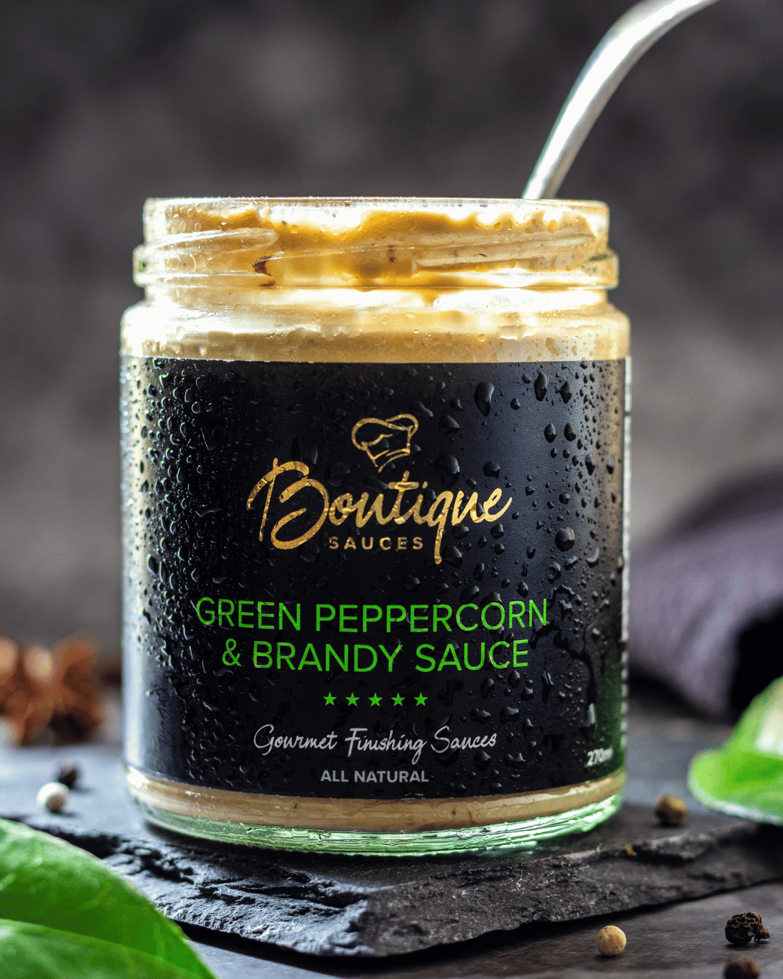 Boutique Sauces - Green Peppercorn &amp; Brandy Sauce (270ml) - Hunter Valley, NSW