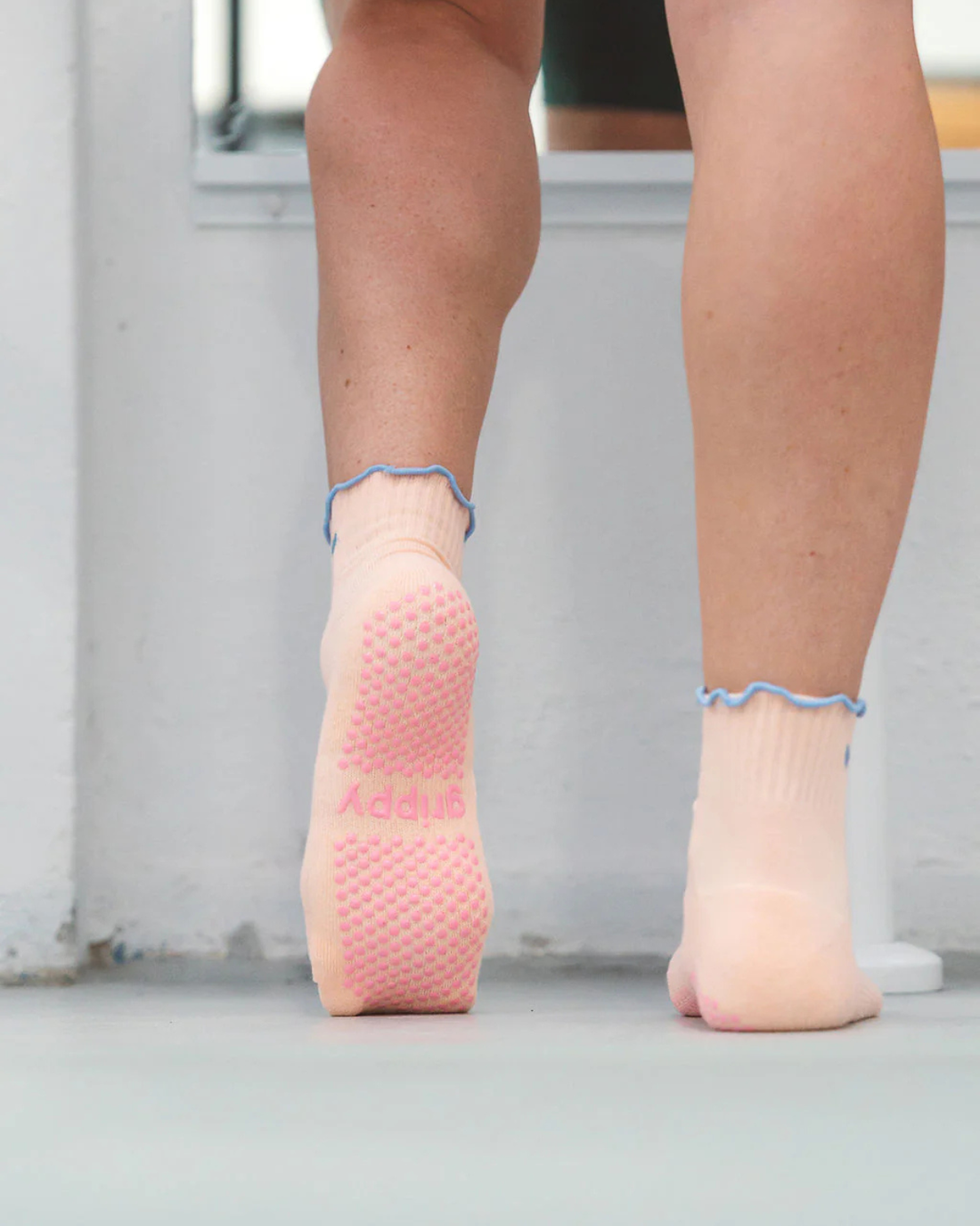 Peach + Blue Ankle Frill Grippy Socks - Pilates Grip Socks