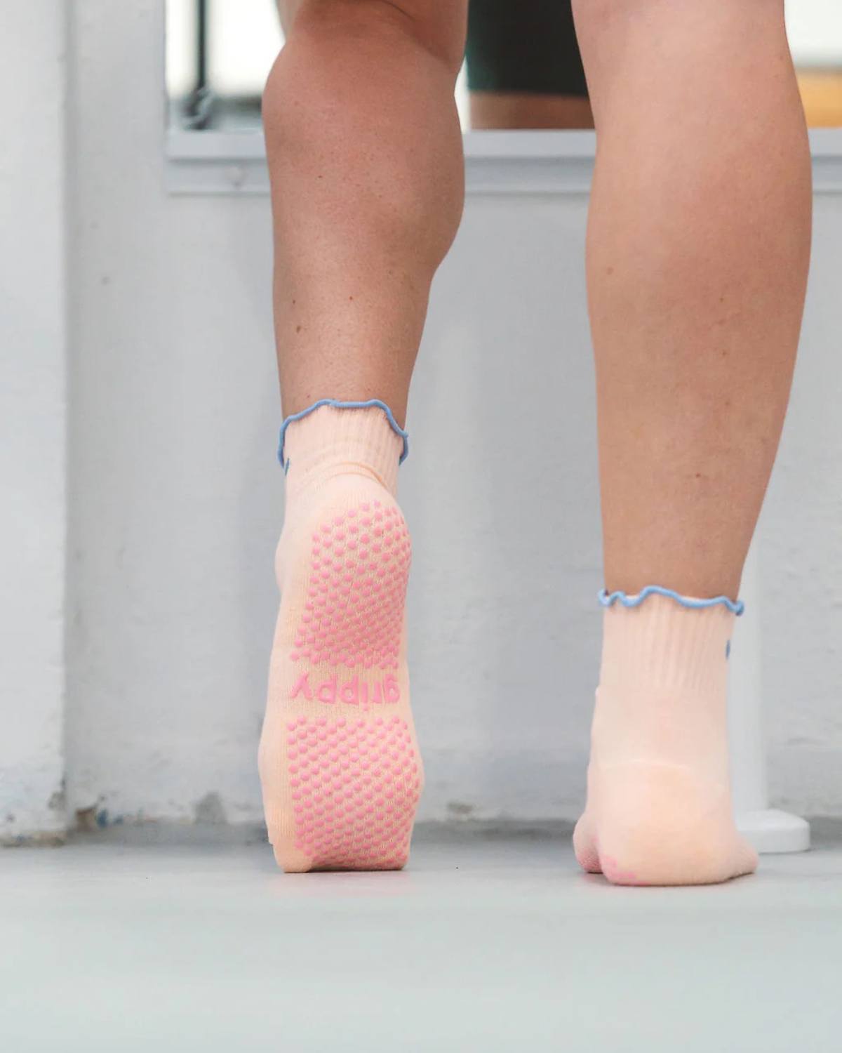 Peach + Blue Ankle Frill Pilates Grip Socks 