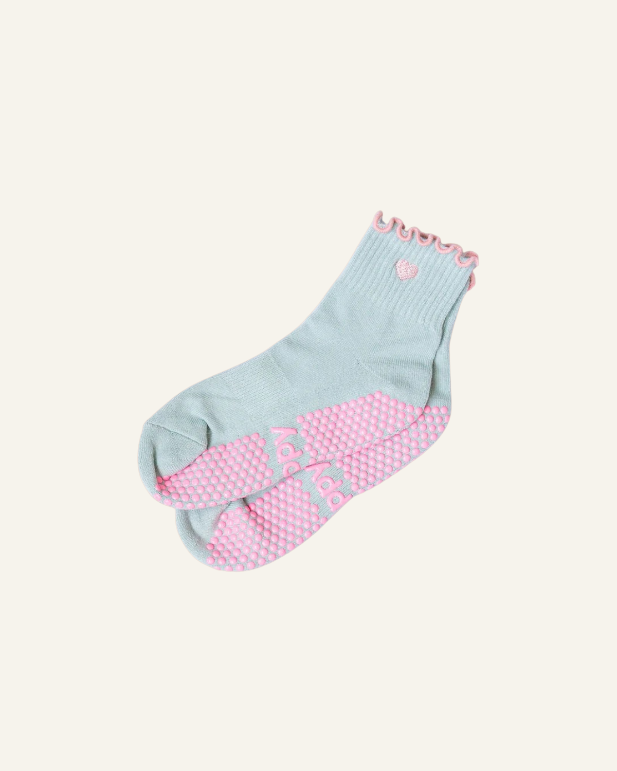 Sage + Pink Ankle Frilly Pilates Grippy Socks 