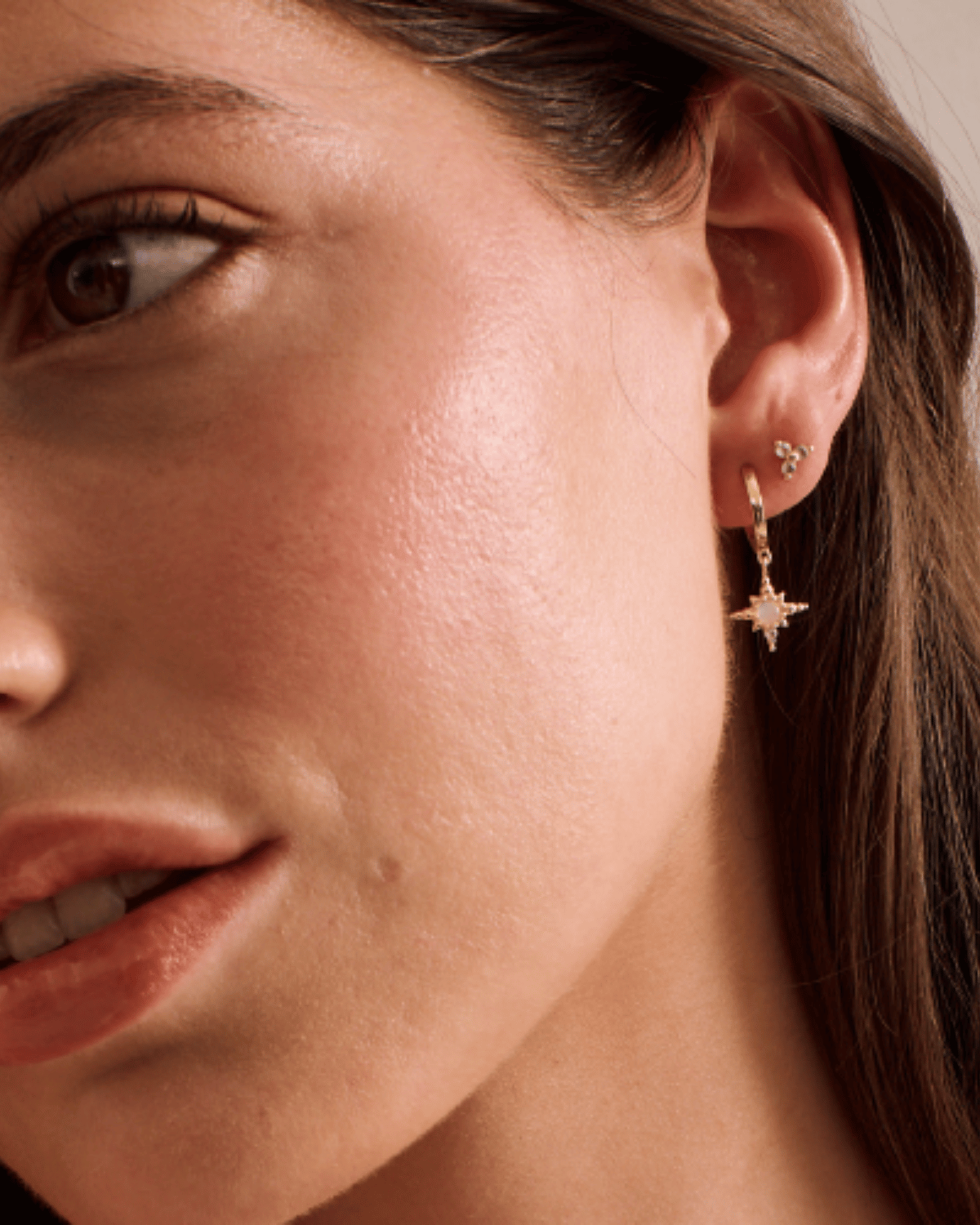 Moonstone Huggie Earrings With Hanging Star (Gold)