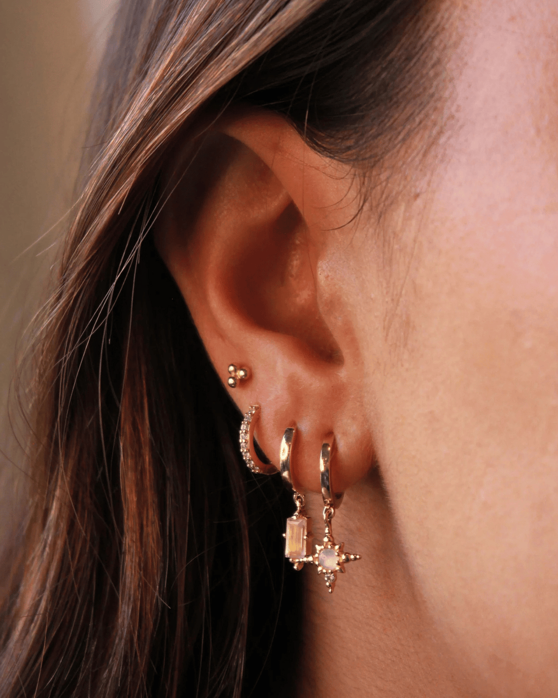 Moonstone Huggie Earrings With Hanging Star (Gold)