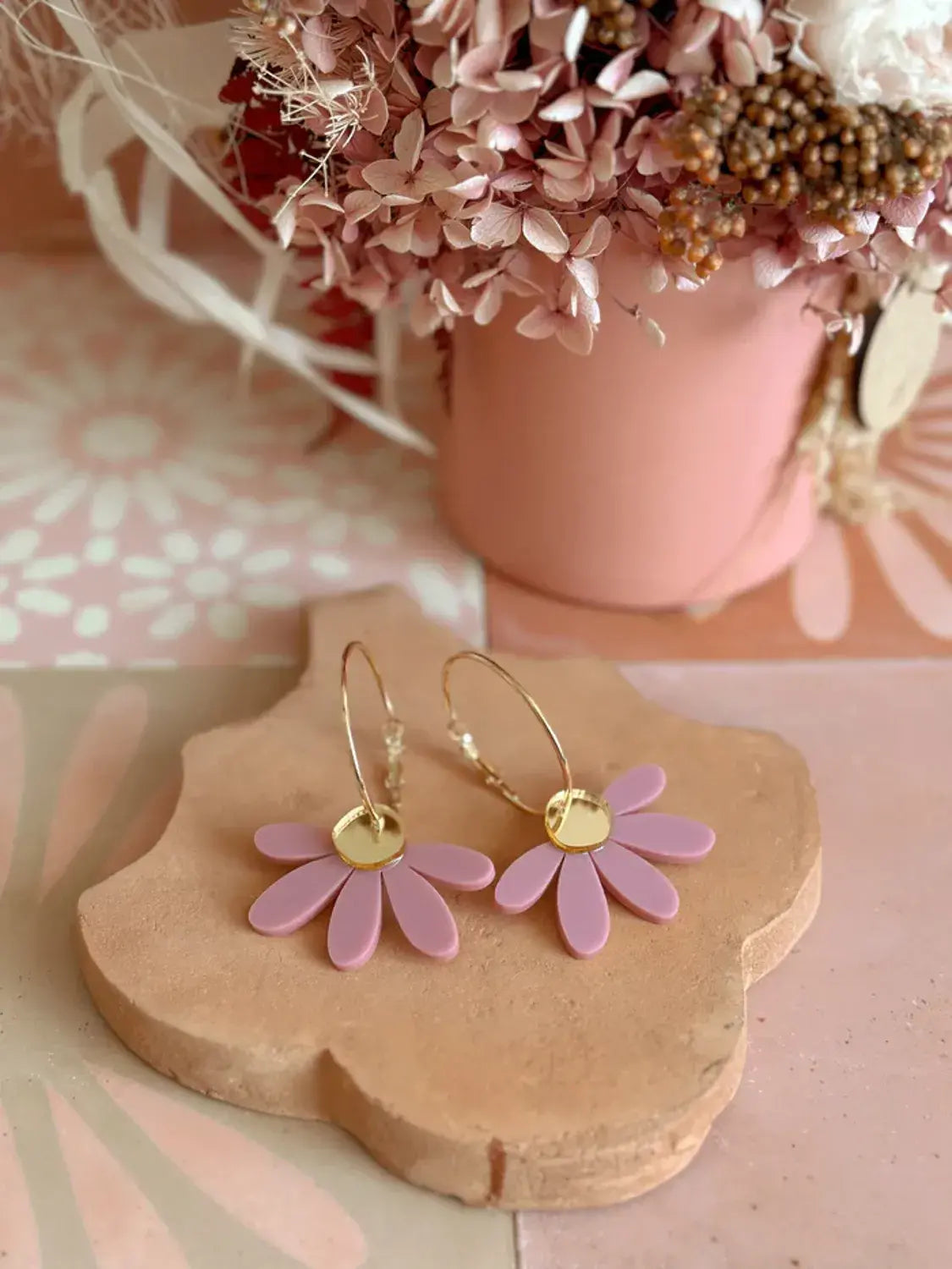 Jumbo Daisy Hoop Earrings in Dusty Lilac &amp; Gold by Foxie Collective - Muswellbrook Florist Polly &amp; Co