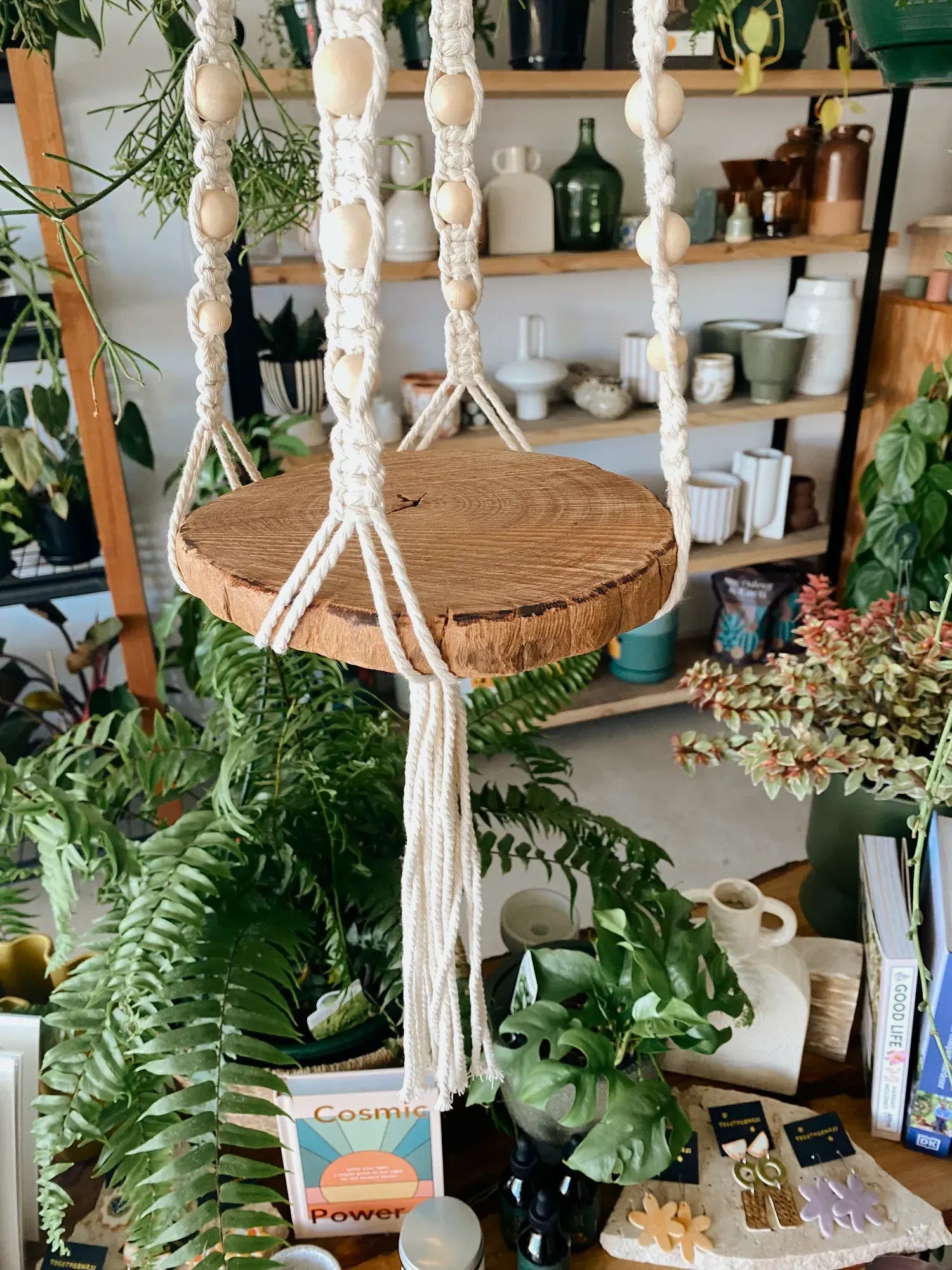Macrame Hanging Planter - Crystal Ball, Hardwood Base, Natural Colour - Muswellbrook Indoor Plants Polly &amp; Co