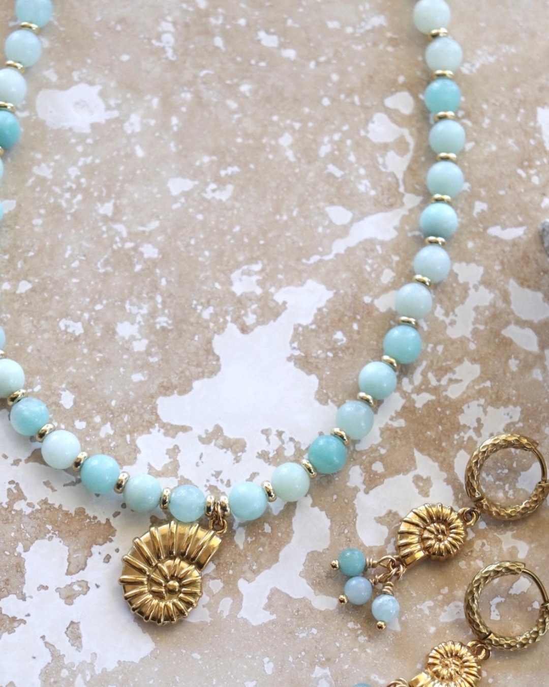 Luna.Foundling Marine Amazonite Shell Beaded Necklace with Charm