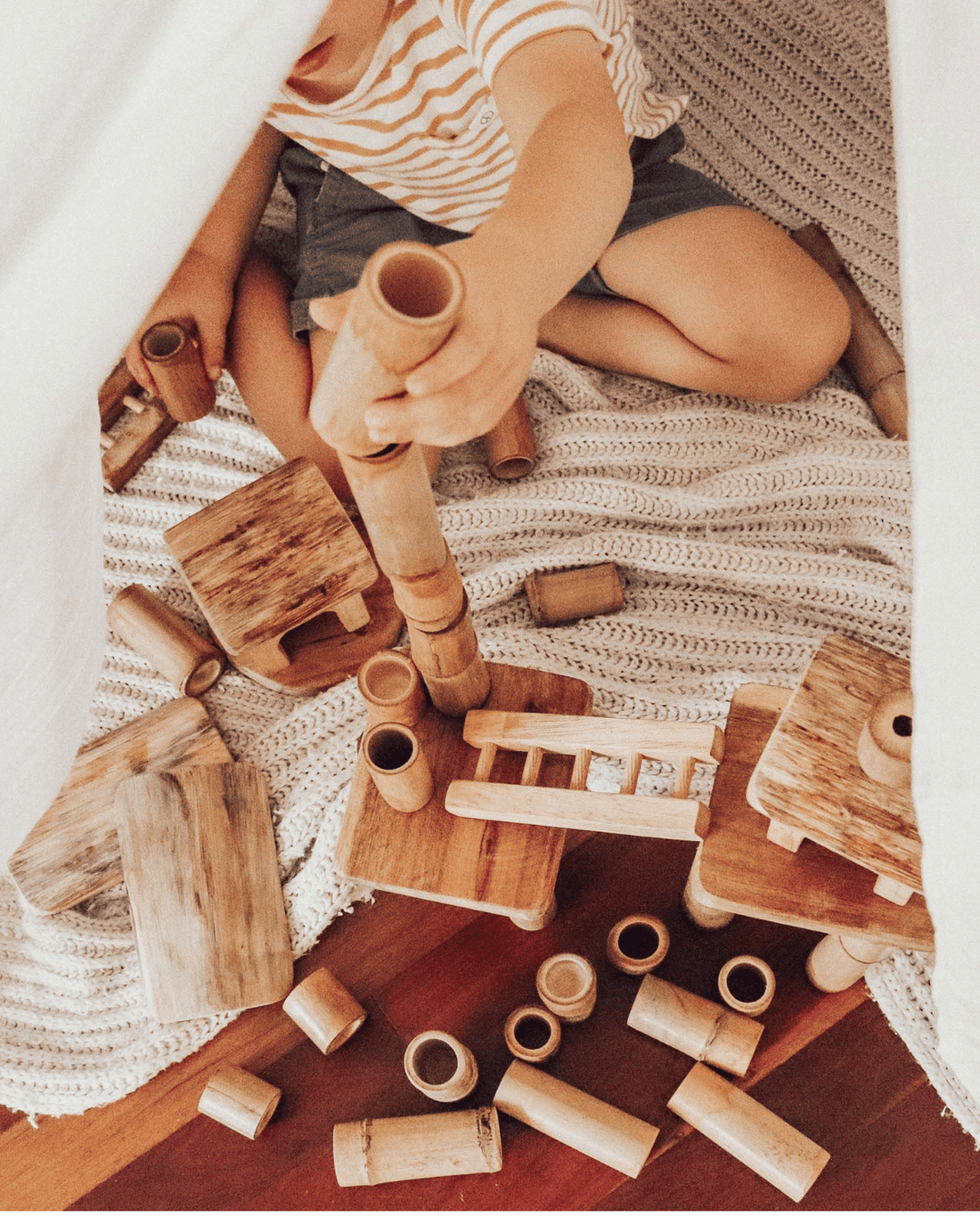 Bamboo Wooden Toy Building Block Set with Houses. Balancing blocks.