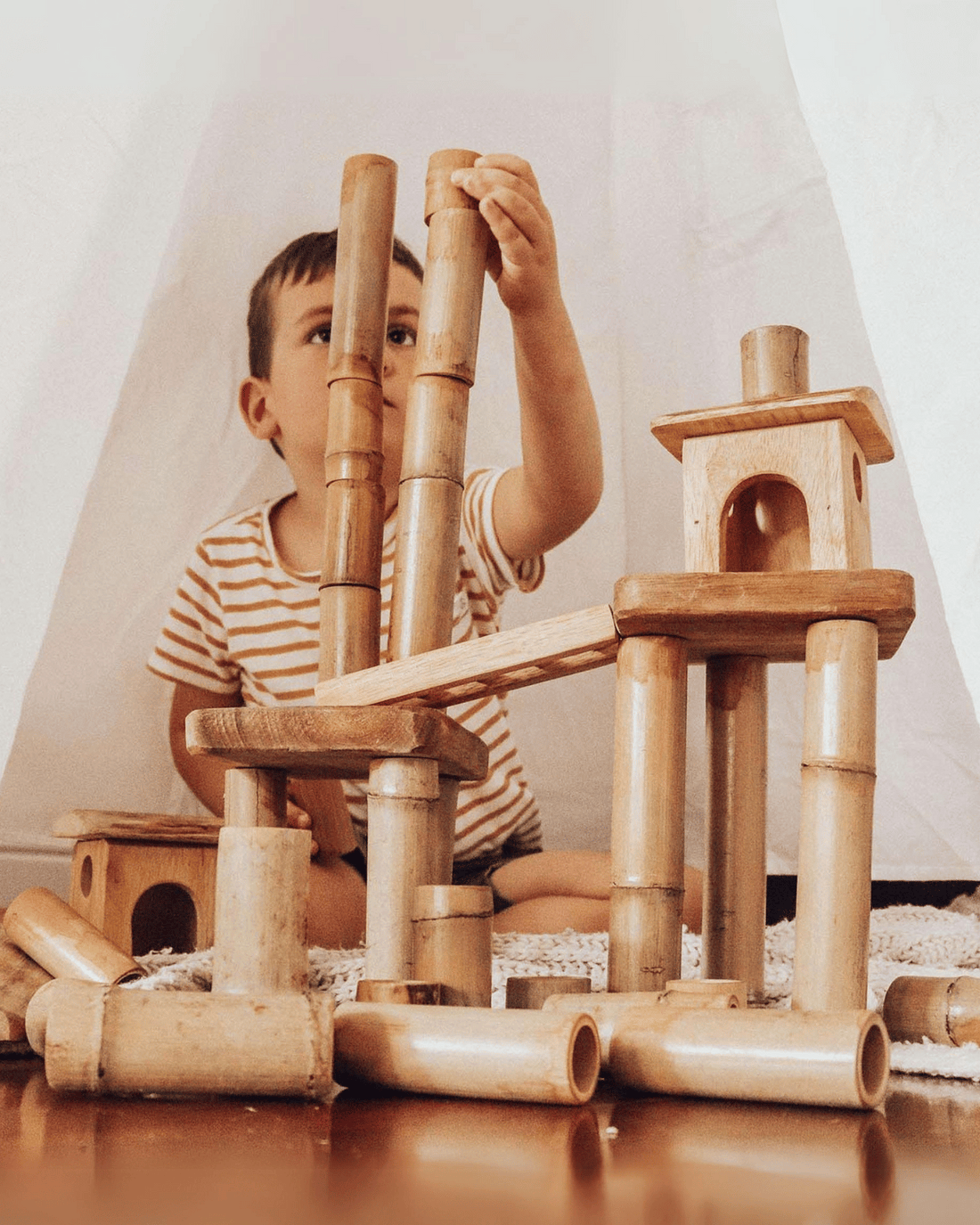 Bamboo Wooden Toy Building Block Set with Houses