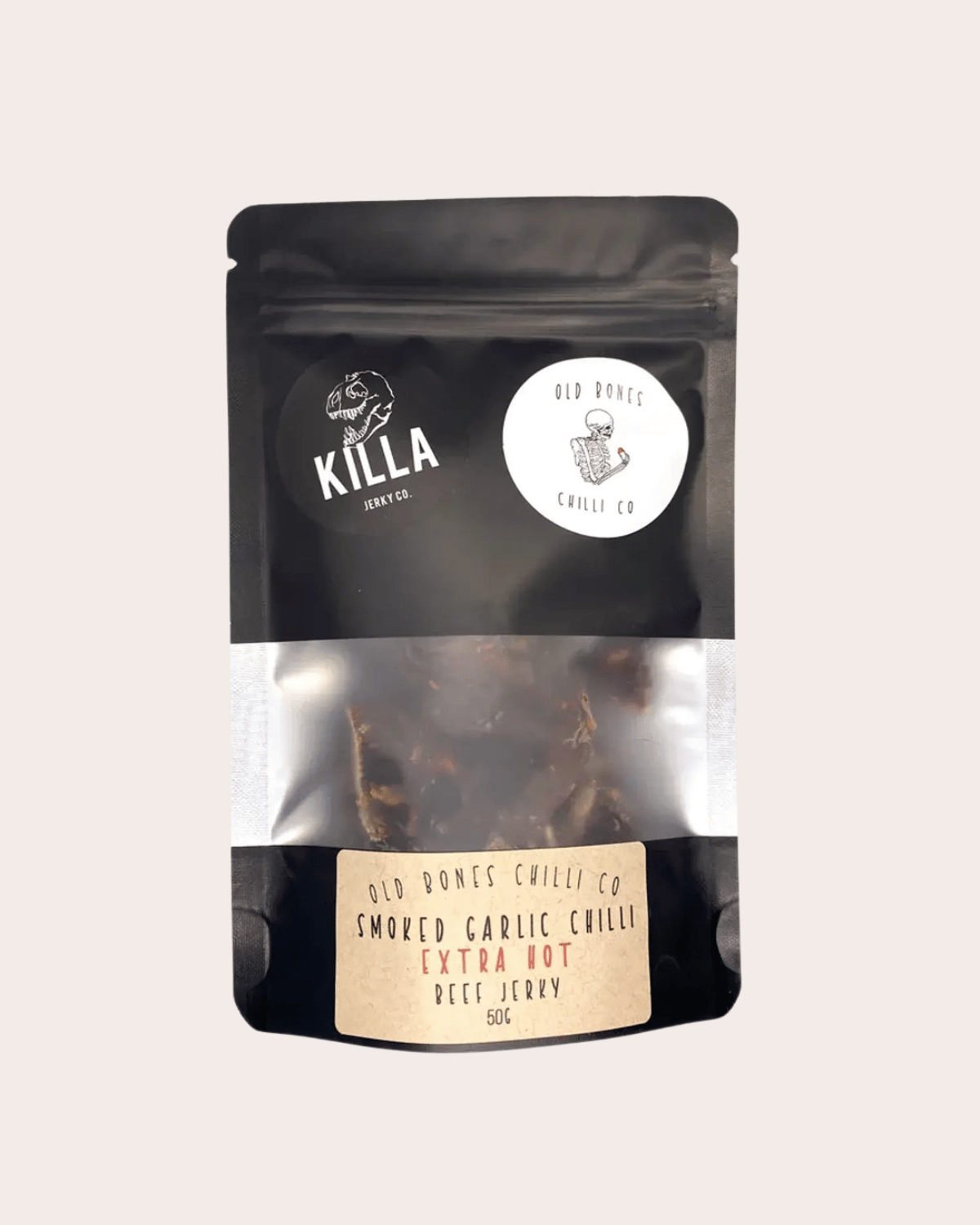 Smoked Garlic Chilli Extra Hot Beef Jerky by Old Bones Chilli Co &amp; Killa Jerky Co