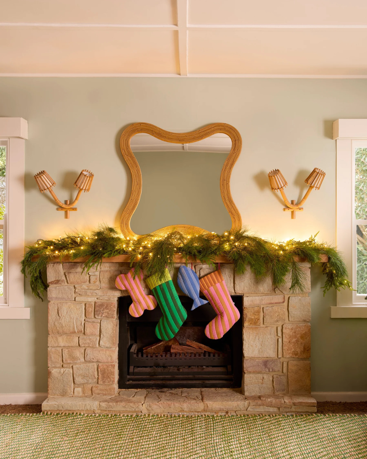 Bonnie &amp; Neil Stripe Puppy Tan Pink Christmas Stocking 