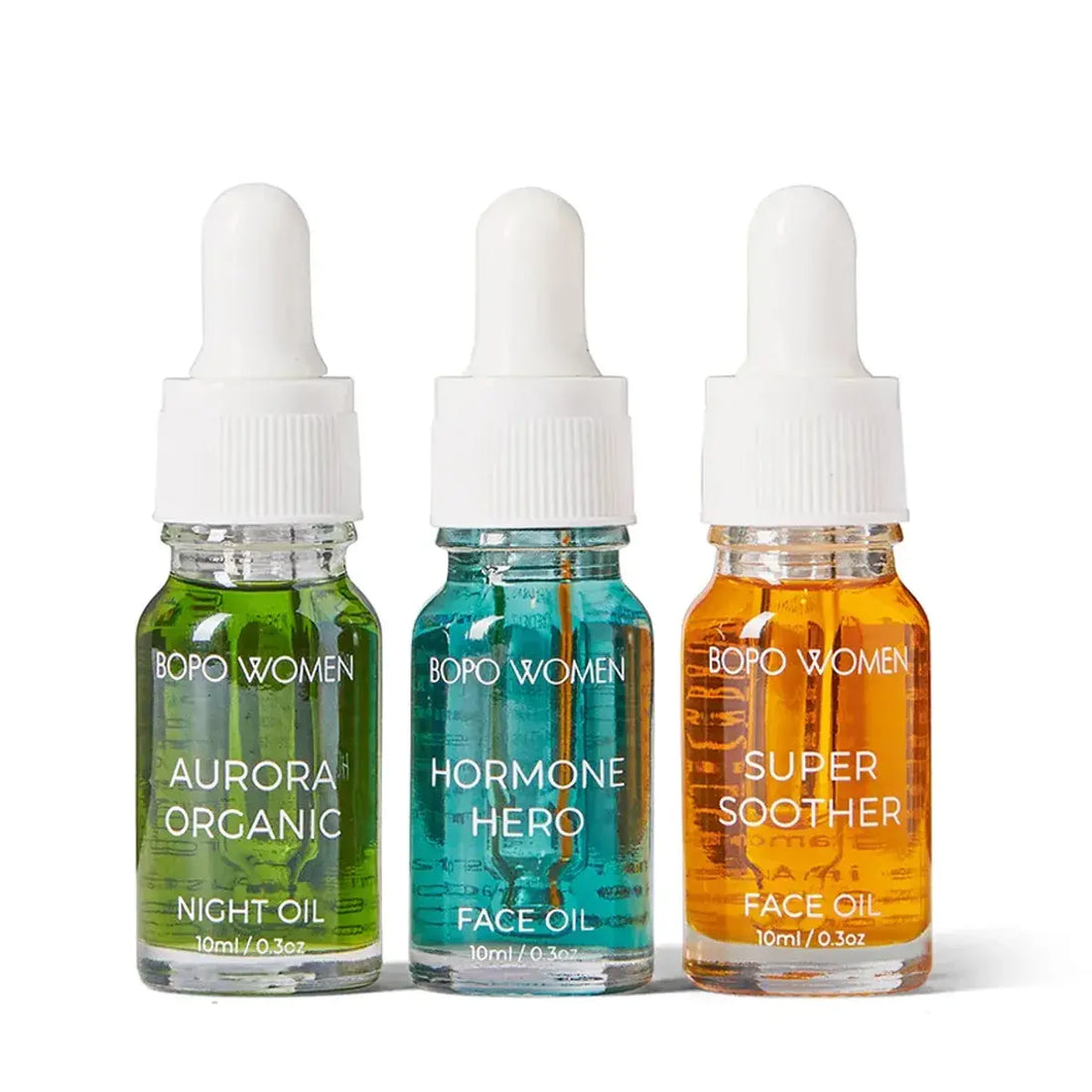 3 mini versions of our Bopo Women Face Oils - Aurora Night Face Oil, Hormone Hero Face Oil, Super Soother Face Oil.