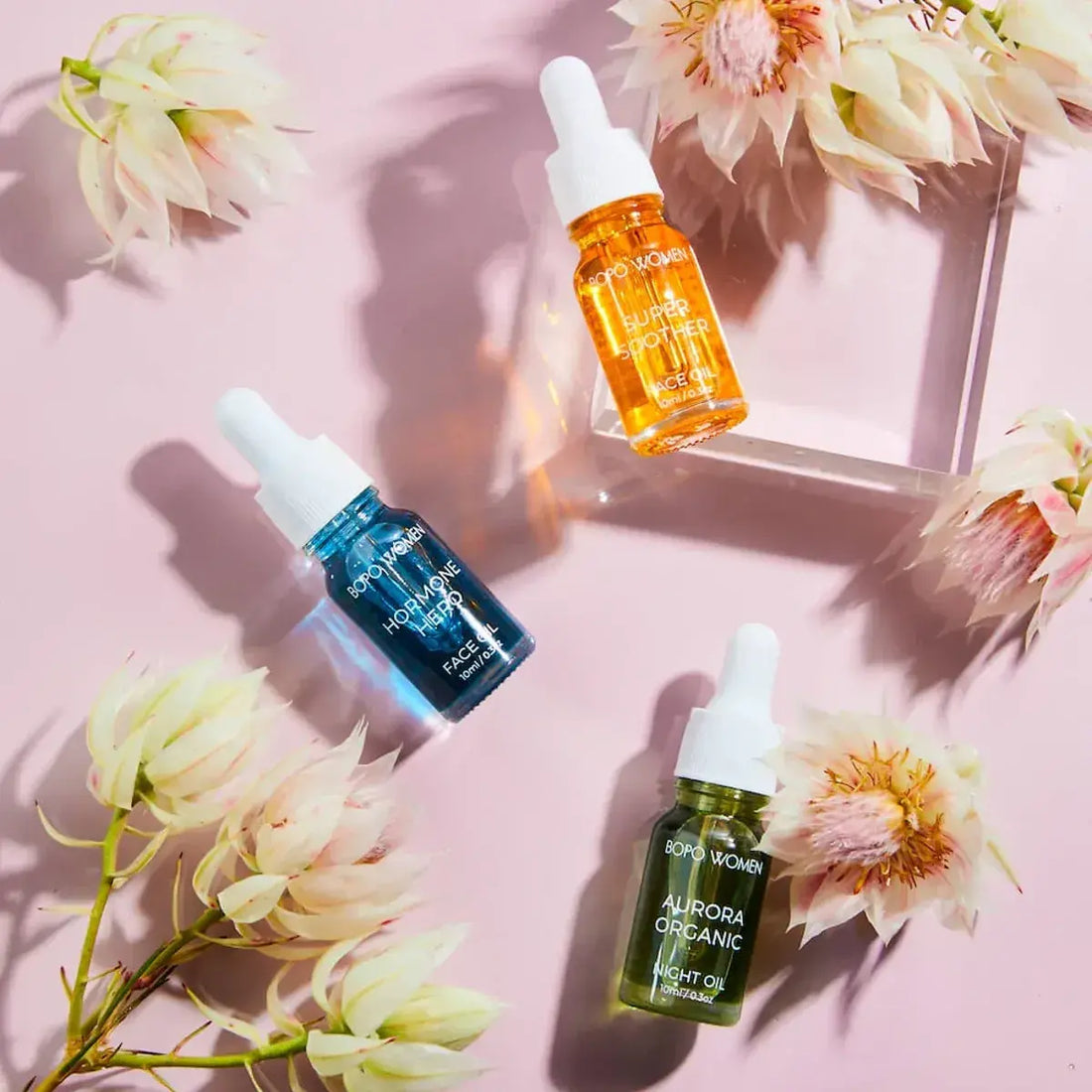 3 mini versions of our Bopo Women Face Oils - Aurora Night Face Oil, Hormone Hero Face Oil, Super Soother Face Oil.