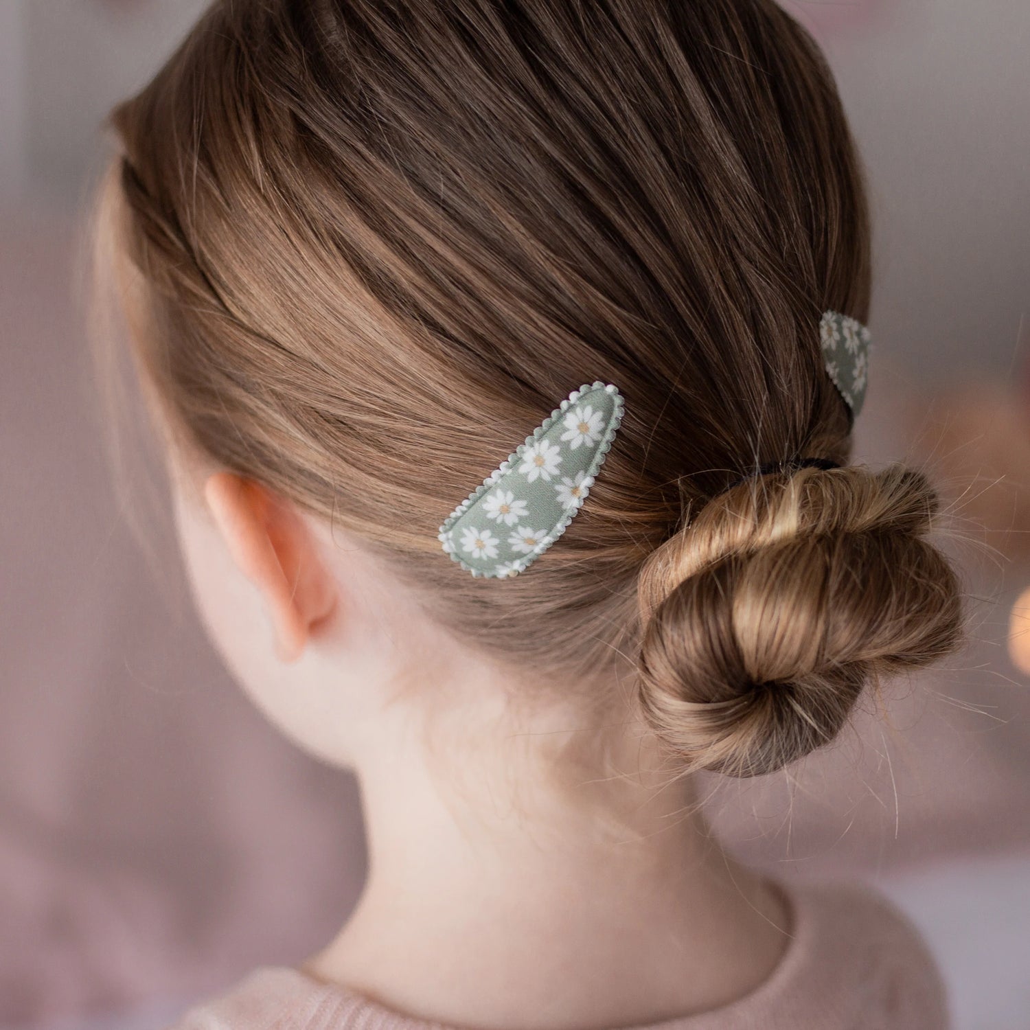 kids khaki green fabric floral daisy hair clips in hair