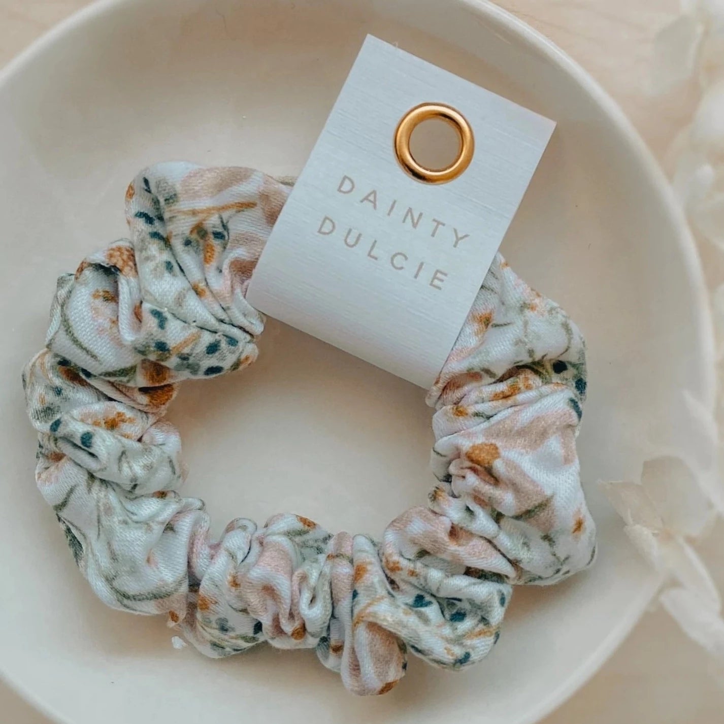mini kids fabric scrunchie by Dainty Dulcie in  pastel floral meadow pattern