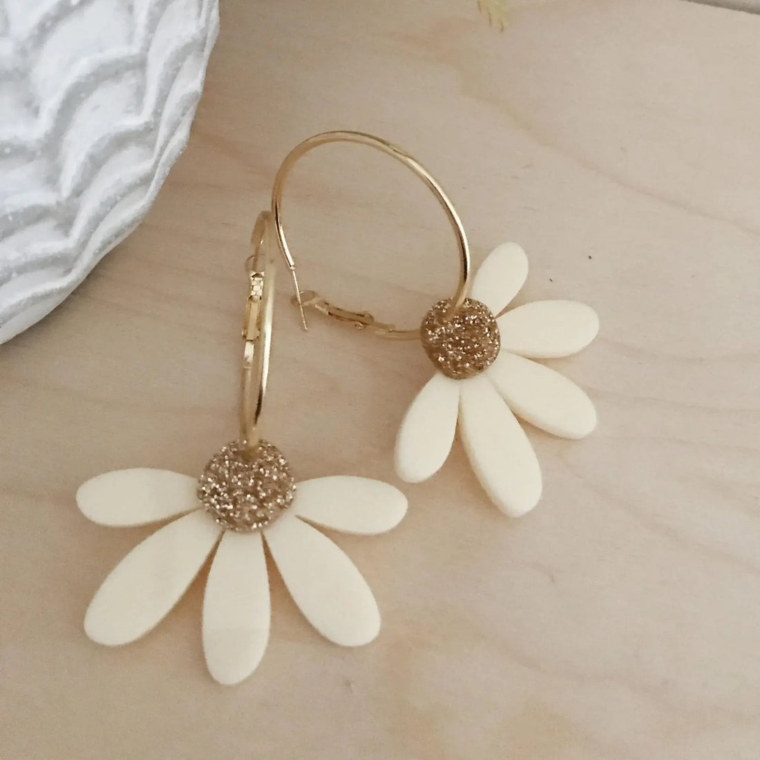 Jumbo Daisy Hoop Earrings in Cream &amp; Gold Glitter by Foxie Collective