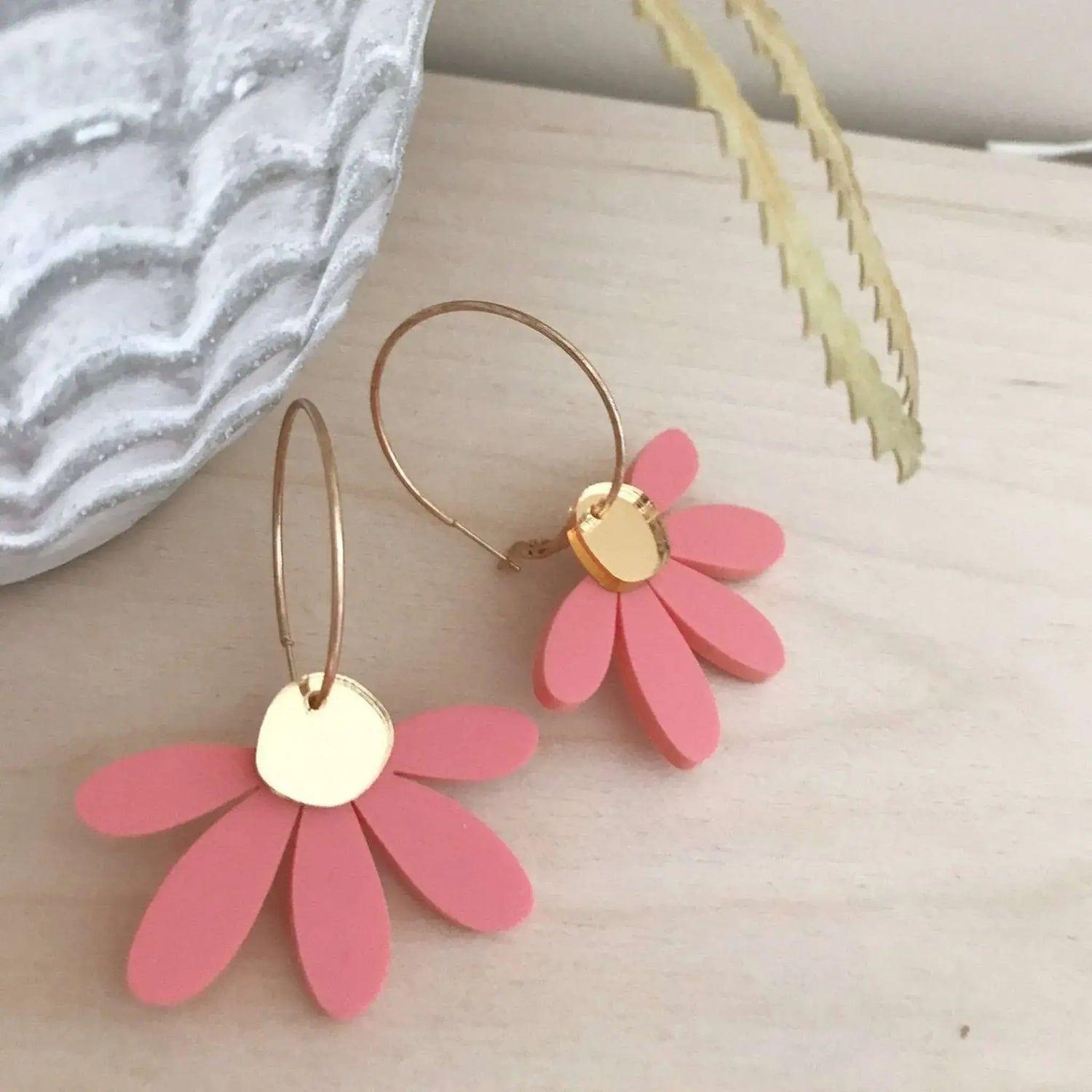 Jumbo Daisy Hoop Earrings in Pastel Raspberry &amp; Gold by Foxie Collective